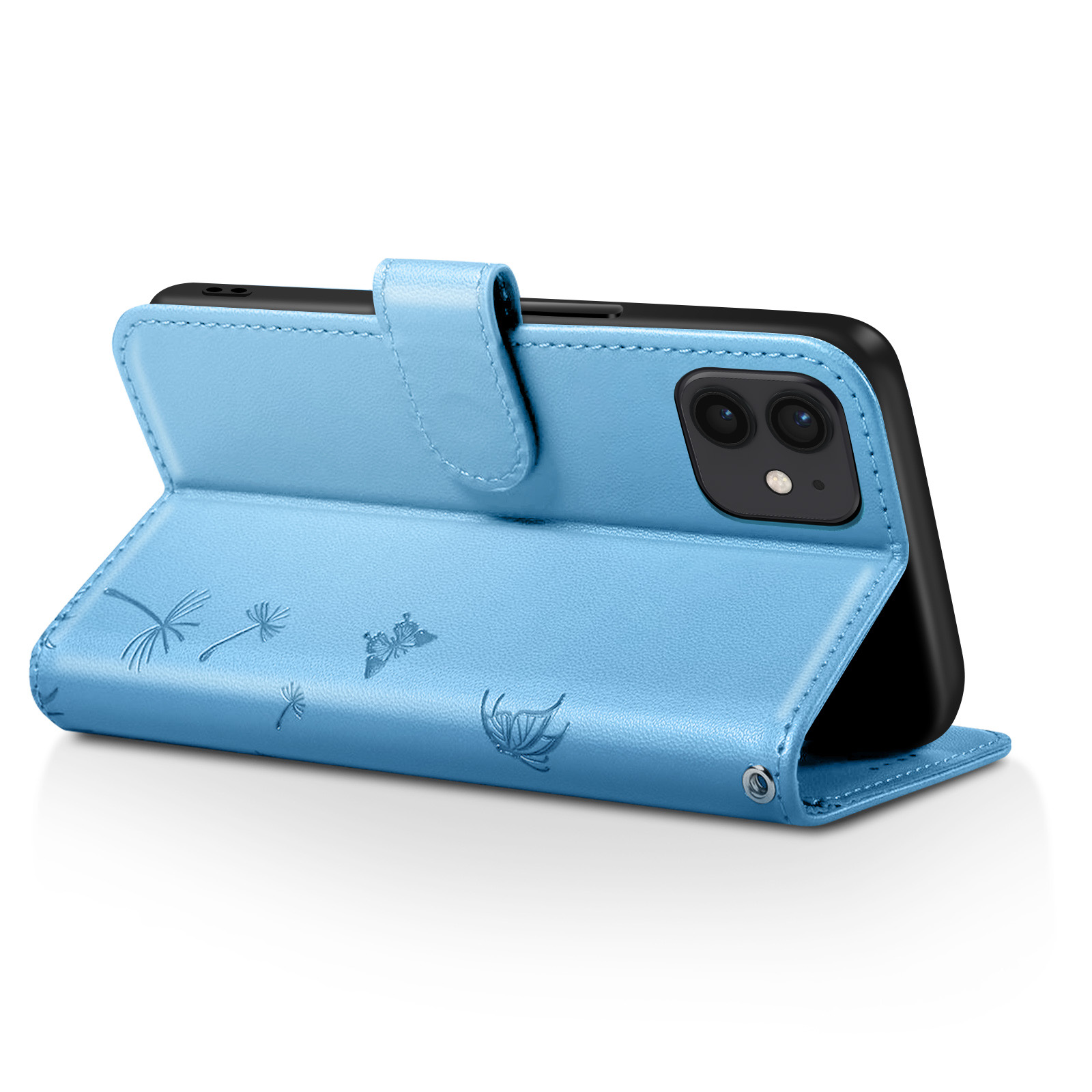 Custodia blu per telefono con telefono. Disegni di farfalle e fiori.