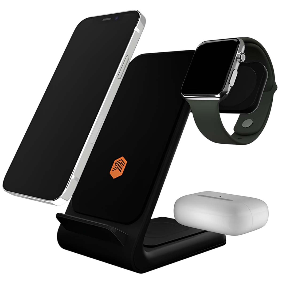 Ein schwarzer kabelloser Ladeständer mit Telefon, Smartwatch und Ohrhörern. Das Telefon und die Smartwatch sind schwarz. Die Ohrhörer sind weiß.