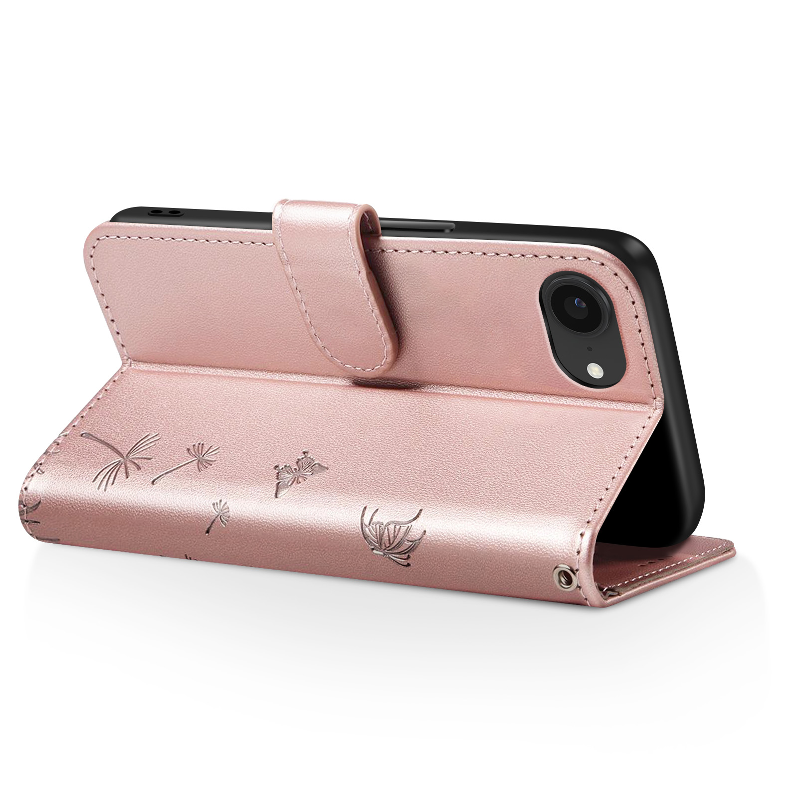 Custodia rosa per telefono, aperta, con telefono all'interno. La custodia ha disegni a rilievo di farfalle e fiori. Sfondo bianco.