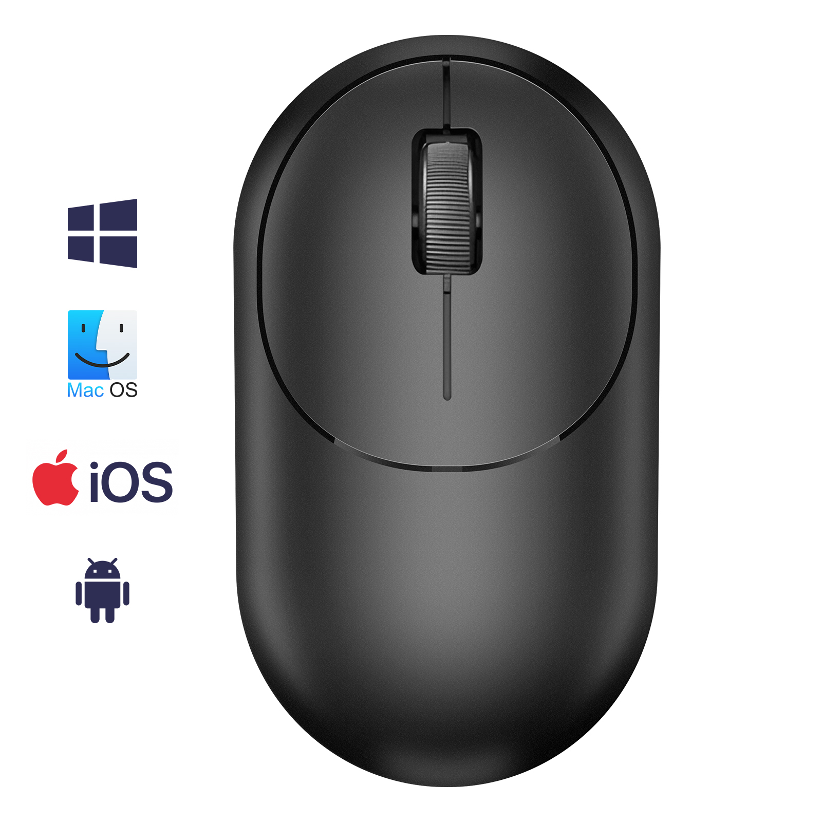 Schwarze kabellose Maus mit Scrollrad. Logos für Windows, Mac OS, iOS und Android sind links.