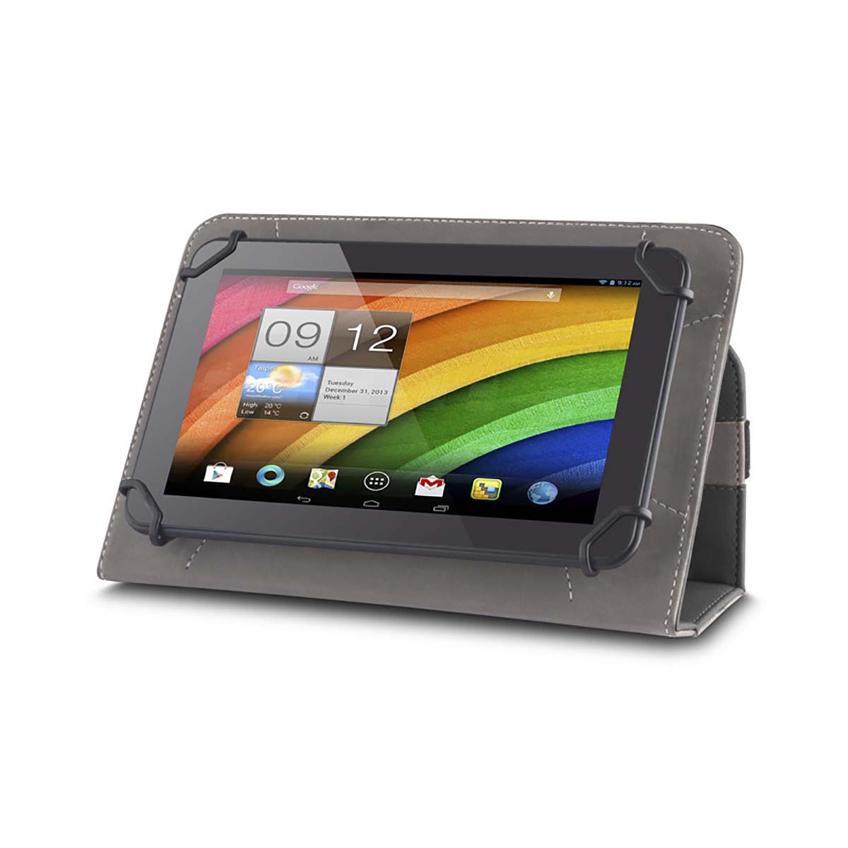 Un tablet mostra uno schermo colorato con un orologio che indica le 09:12 AM. È in una custodia grigia. Lo sfondo è bianco.