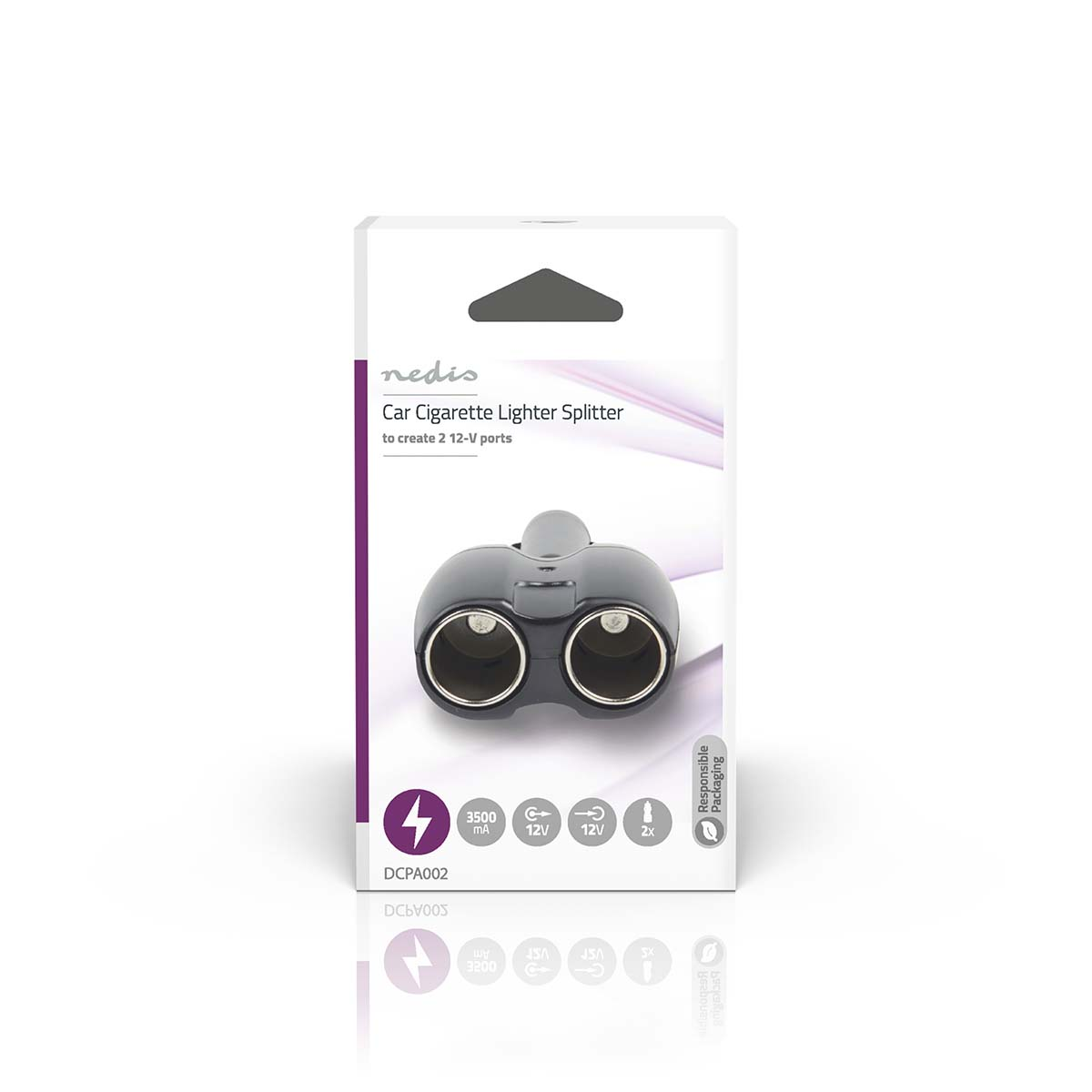Divisor de encendedor de cigarrillos para automóvil en embalaje. Es negro con dos puertos. En la caja dice 'Car Cigarette Lighter Splitter'.