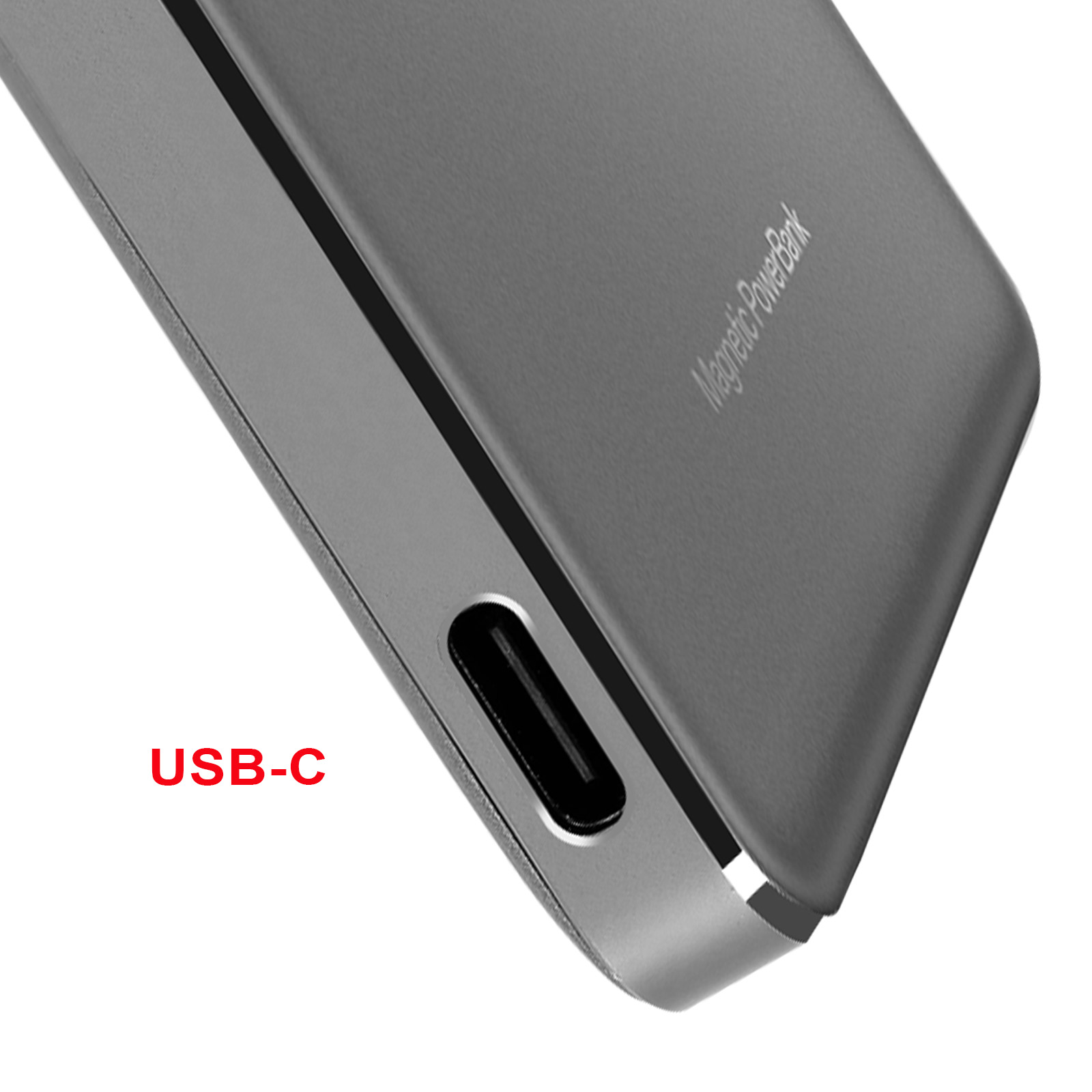 Nahaufnahme einer grauen magnetischen Powerbank mit USB-C-Anschluss, Text "Magnetic Power Bank" sichtbar.