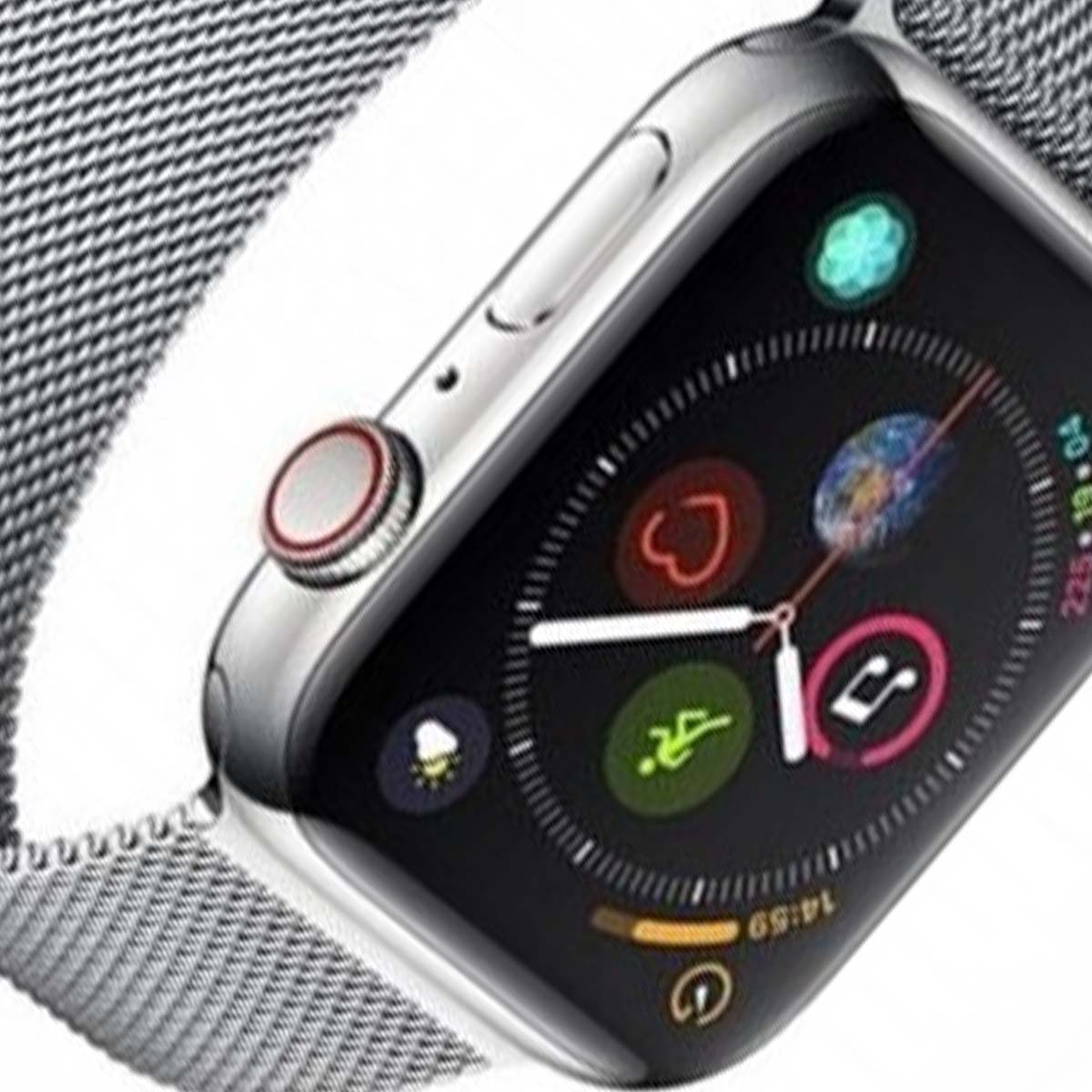 Primo piano di un Apple Watch argentato con schermo nero che mostra varie icone di app e l'ora. Il cinturino è in mesh argentato.