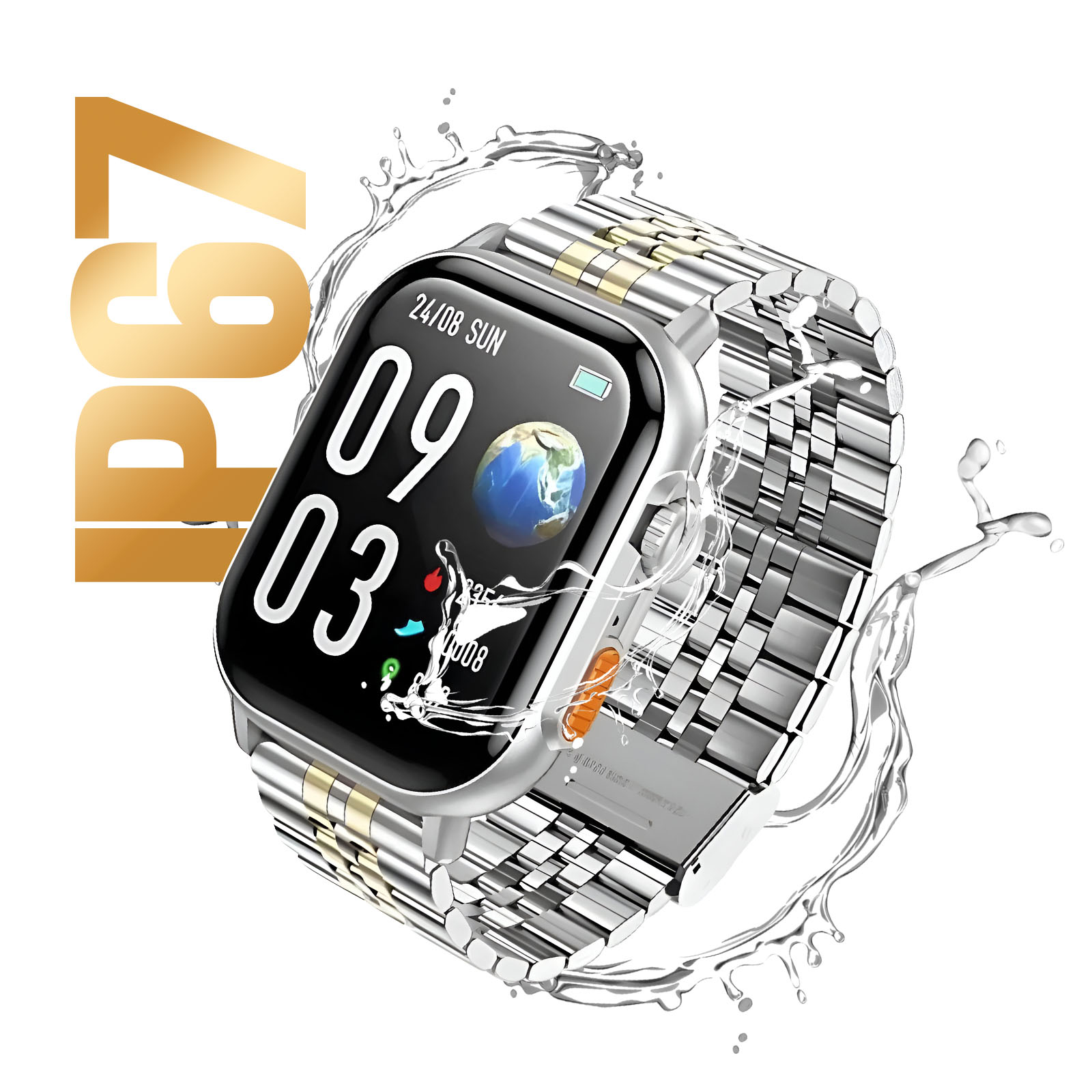 Uno smartwatch argentato con schermo nero che mostra l'ora e una mappa del mondo. Schizzi d'acqua intorno. Testo IP67 dorato a sinistra.
