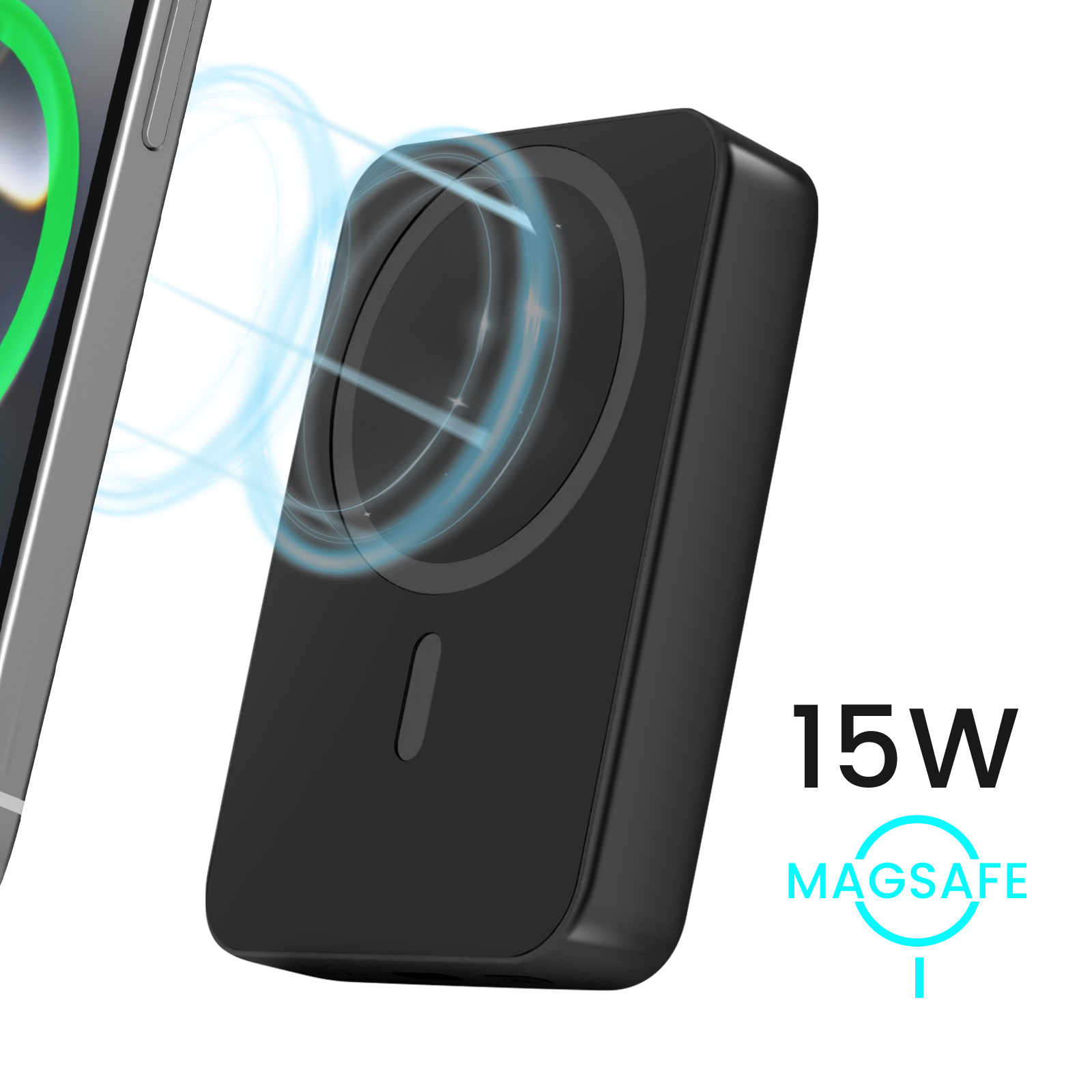 Schwarzes kabelloses MagSafe-Ladegerät mit teilweise sichtbarem Telefon. Zeigt 15W Ladefähigkeit. Blaue Energiewellen sind gezeigt.
