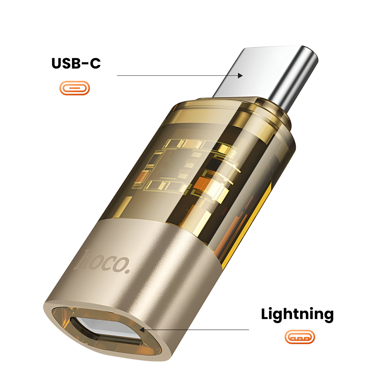 Un adattatore da USB-C a Lightning dorato e trasparente. Ha un connettore USB-C da un lato e una porta Lightning dall'altro.