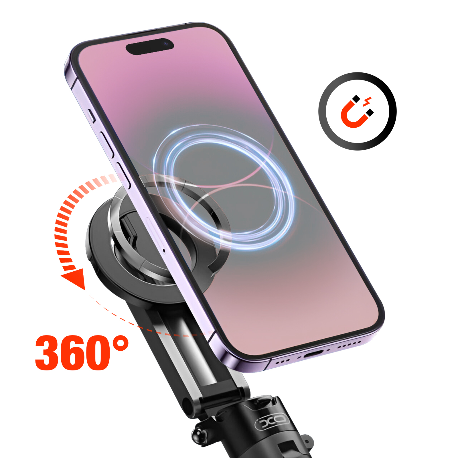 Een telefoon bevestigd aan een 360 graden draaibare standaard. Er is een magnetisch symbool aanwezig. De telefoon heeft een roze scherm.