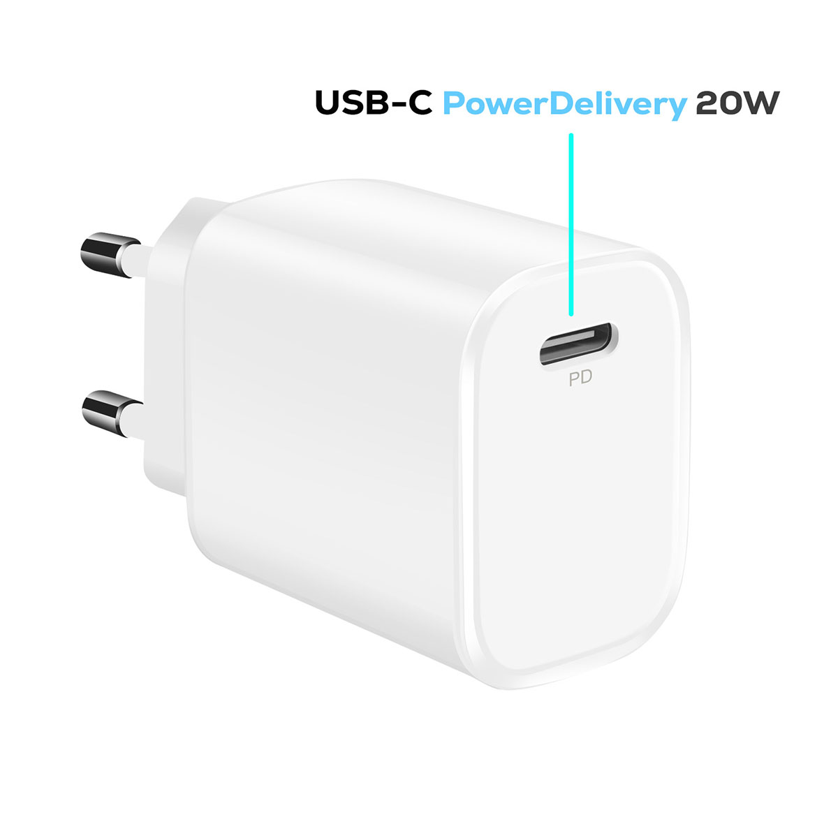 Un caricabatterie bianco USB-C Power Delivery 20W. Ha una porta USB-C frontale e due spine. Il testo 'PD' è vicino alla porta.
