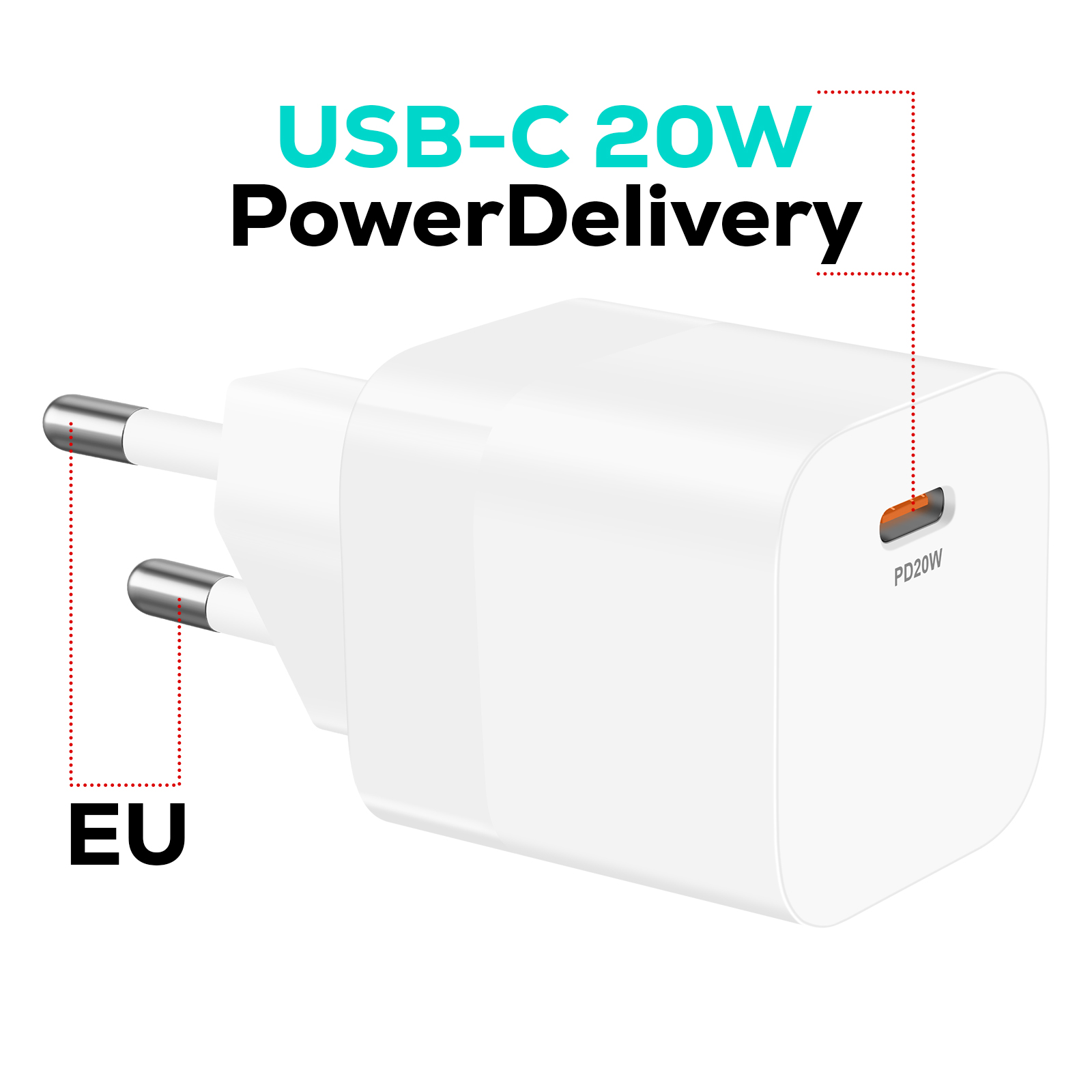 Caricatore USB-C 20W Power Delivery bianco con spina europea. Testo sul caricatore: PD20W. Testo: USB-C 20W PowerDelivery e UE.