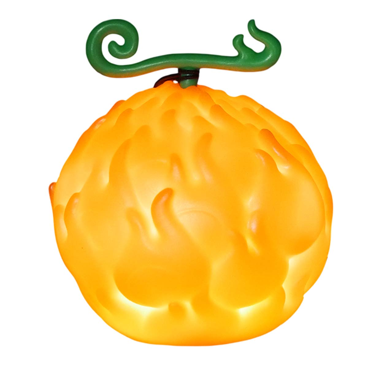 Un frutto illuminato, arancione, a forma di fiamma con uno stelo verde e una parte superiore riccia, isolato su sfondo bianco.