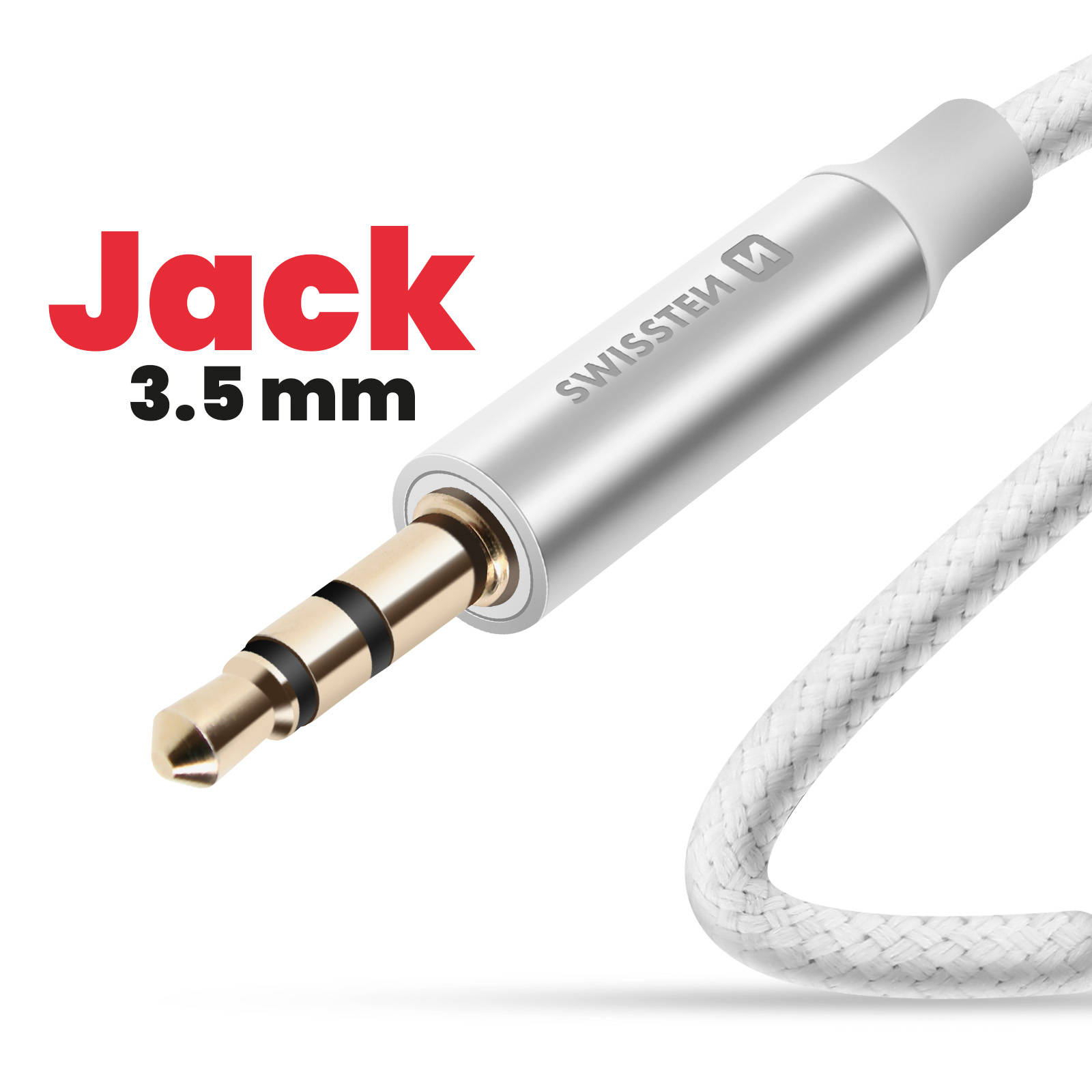 Un cavo jack audio da 3,5 mm. Il cavo è bianco. Il testo dice 'Jack 3,5 mm'. Il jack è oro e argento.