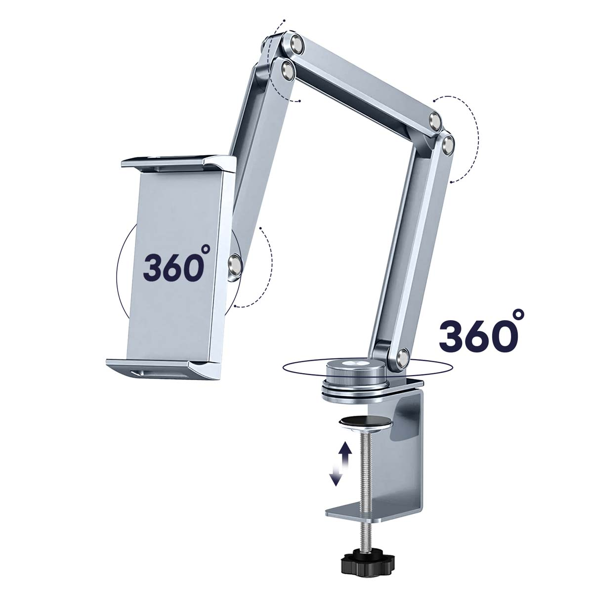 Ein silberner Tablethalter mit Gelenkarmen. Er hat eine Klemme zur Befestigung und ermöglicht eine 360-Grad-Drehung.