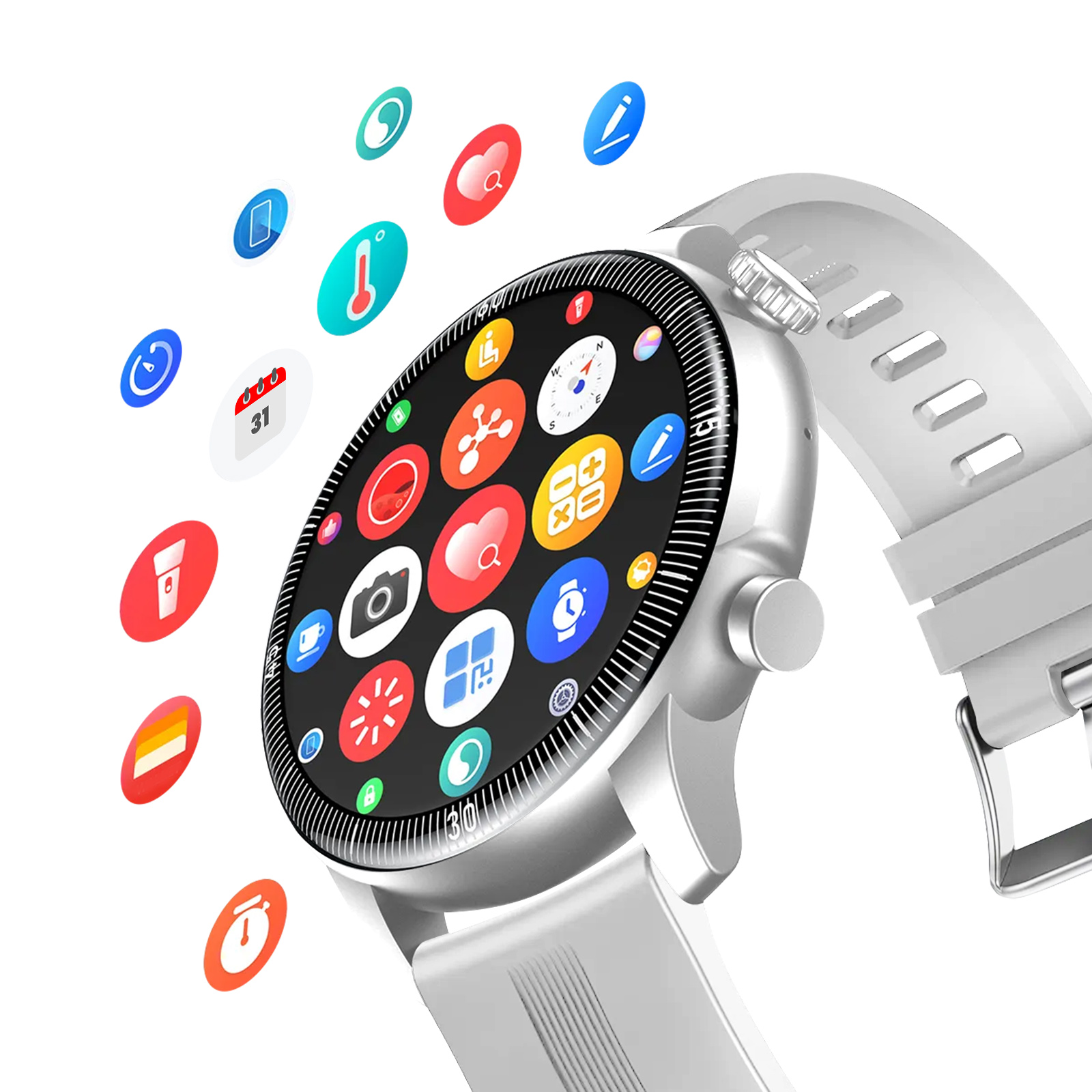 Uno smartwatch bianco con schermo nero che mostra icone di app colorate. Diverse icone di app fluttuano intorno all'orologio.