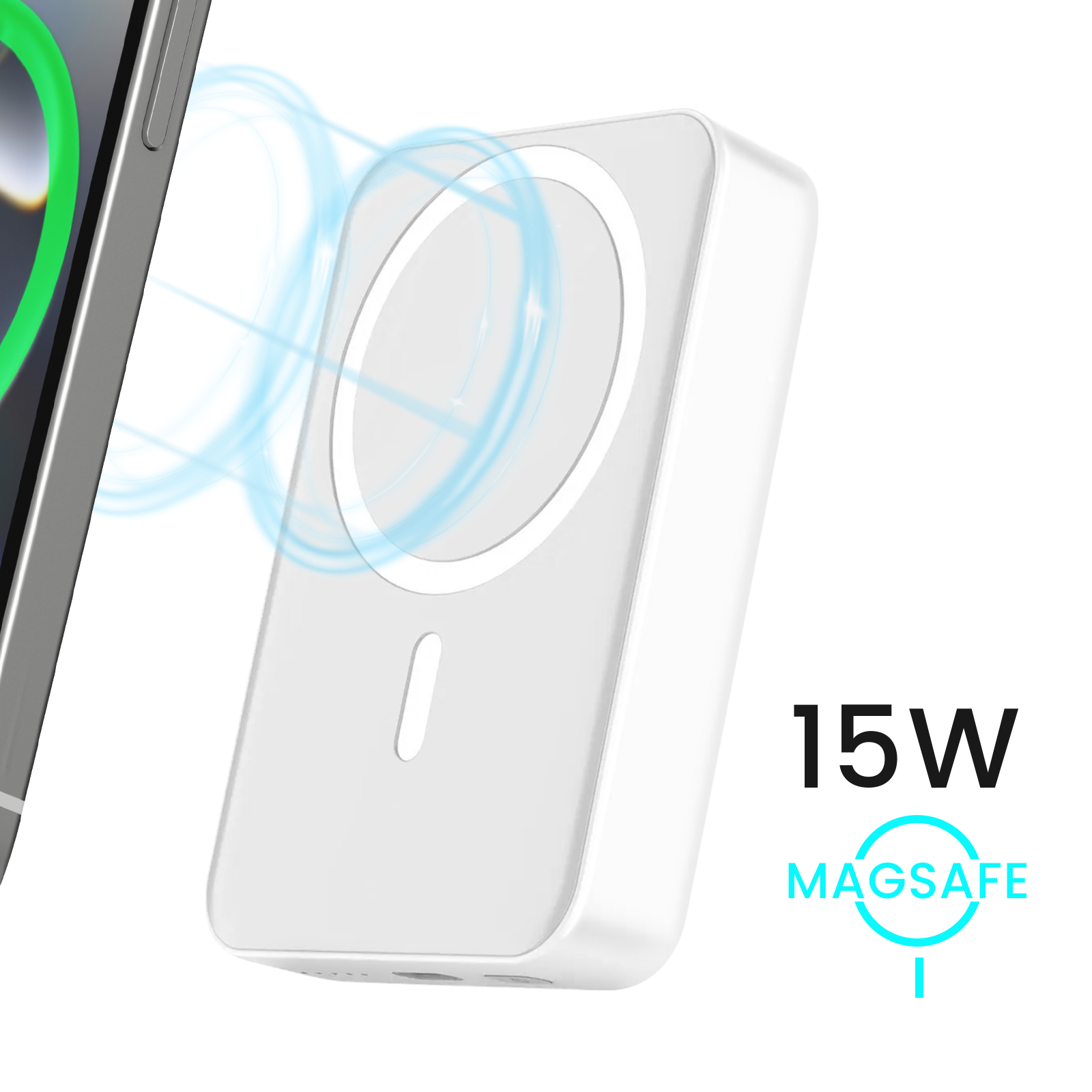 Ein weißes MagSafe-Ladegerät mit blauen Energiewellen und einem ladenden Telefon. Der Text lautet: 15W MAGSAFE.