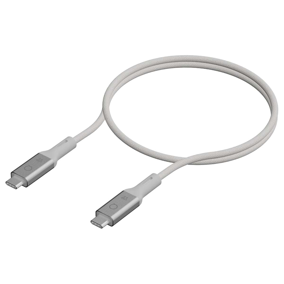 Un cavo di ricarica USB-C bianco con connettori argentati. Il cavo è ad anello, con connettori a ciascuna estremità. Sfondo bianco.