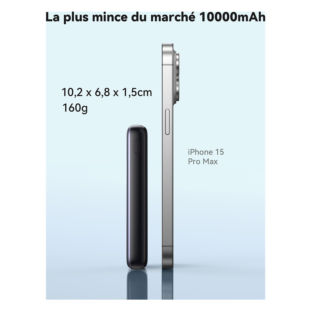 L'image montre une batterie externe noire et fine à côté d'un iPhone 15 Pro Max. Le texte indique les dimensions et la capacité.