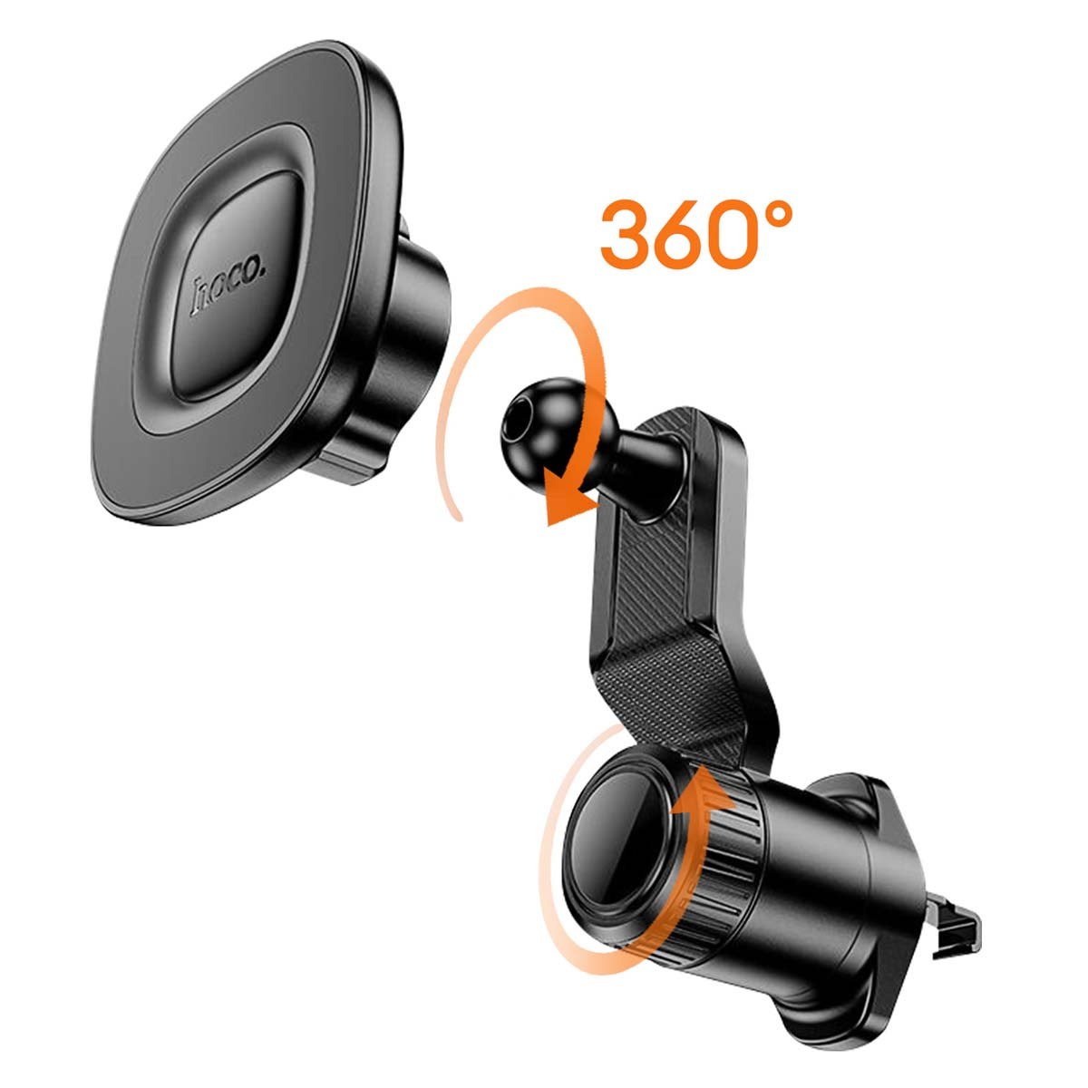 Supporto per telefono da auto nero con rotazione a 360 gradi. Il supporto è composto da una piastra magnetica, uno snodo sferico e una clip per bocchetta.