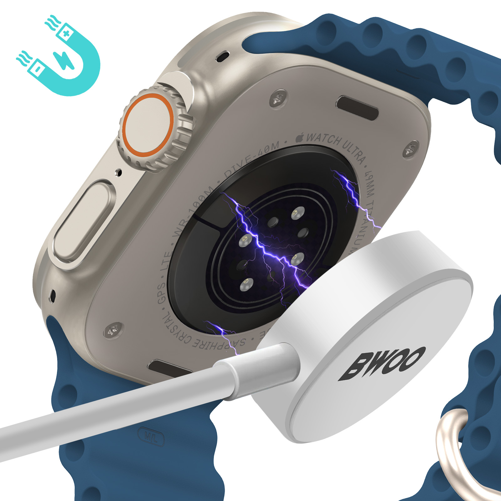 Eine silberne Apple Watch Ultra wird geladen. Das Ladegerät hat das Logo BWOO. Blaues Armband. Ein Magnetsymbol ist vorhanden.
