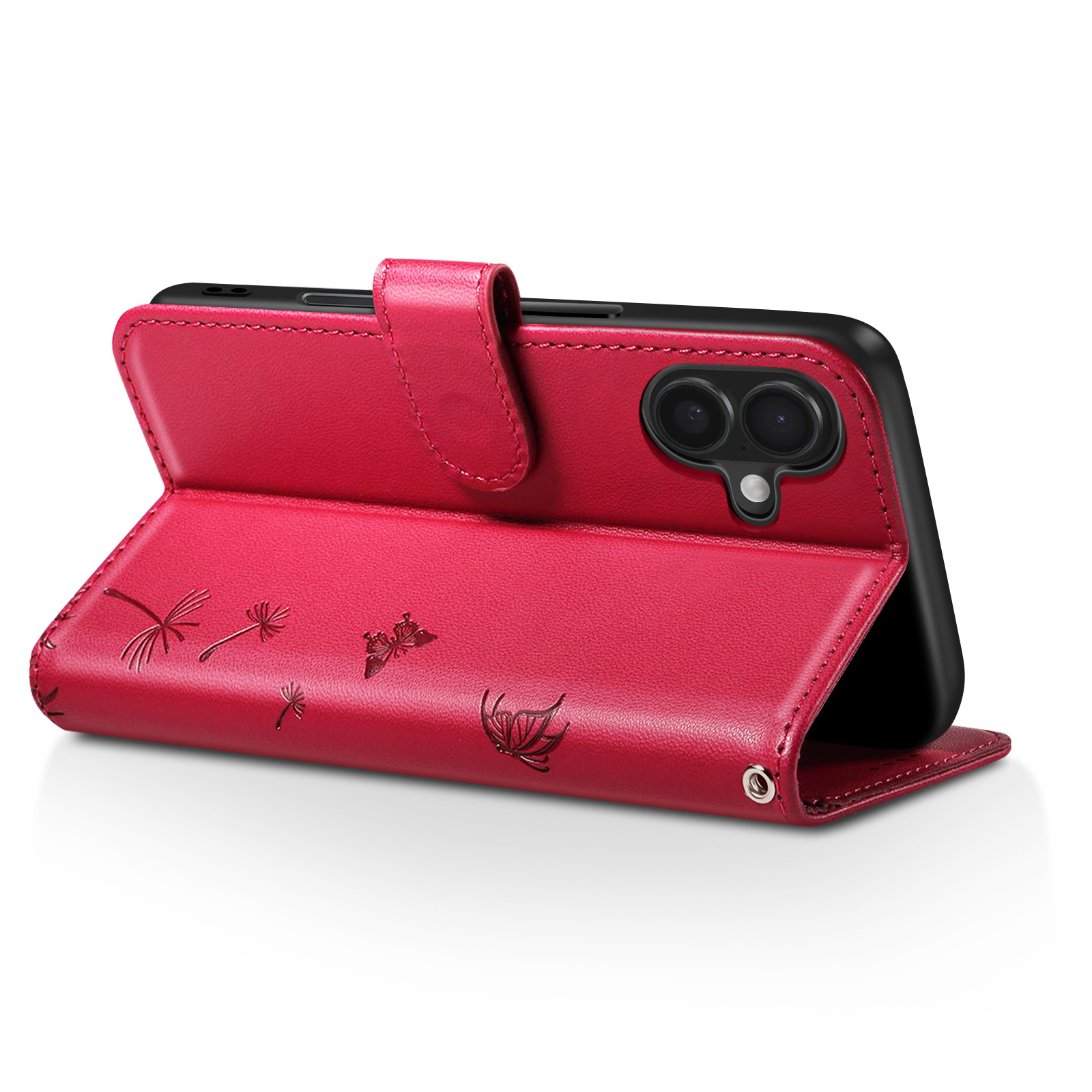 Una custodia rossa per telefono con un telefono all'interno. La custodia presenta disegni floreali. La custodia è aperta, mostrando la fotocamera del telefono.