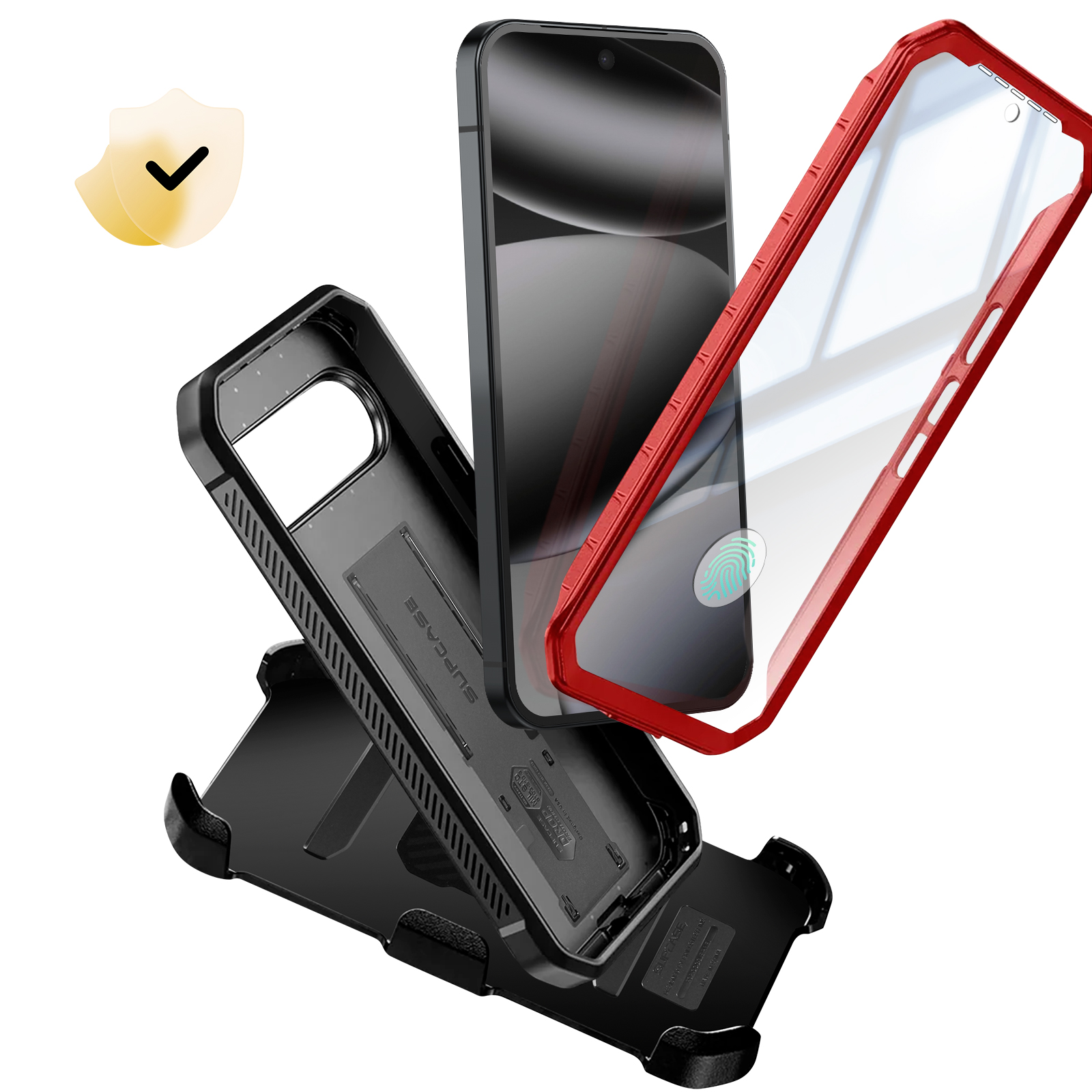 Custodia per telefono con cornice rossa, telefono nero e supporto. Include l'icona dello scudo di sicurezza con un segno di spunta.