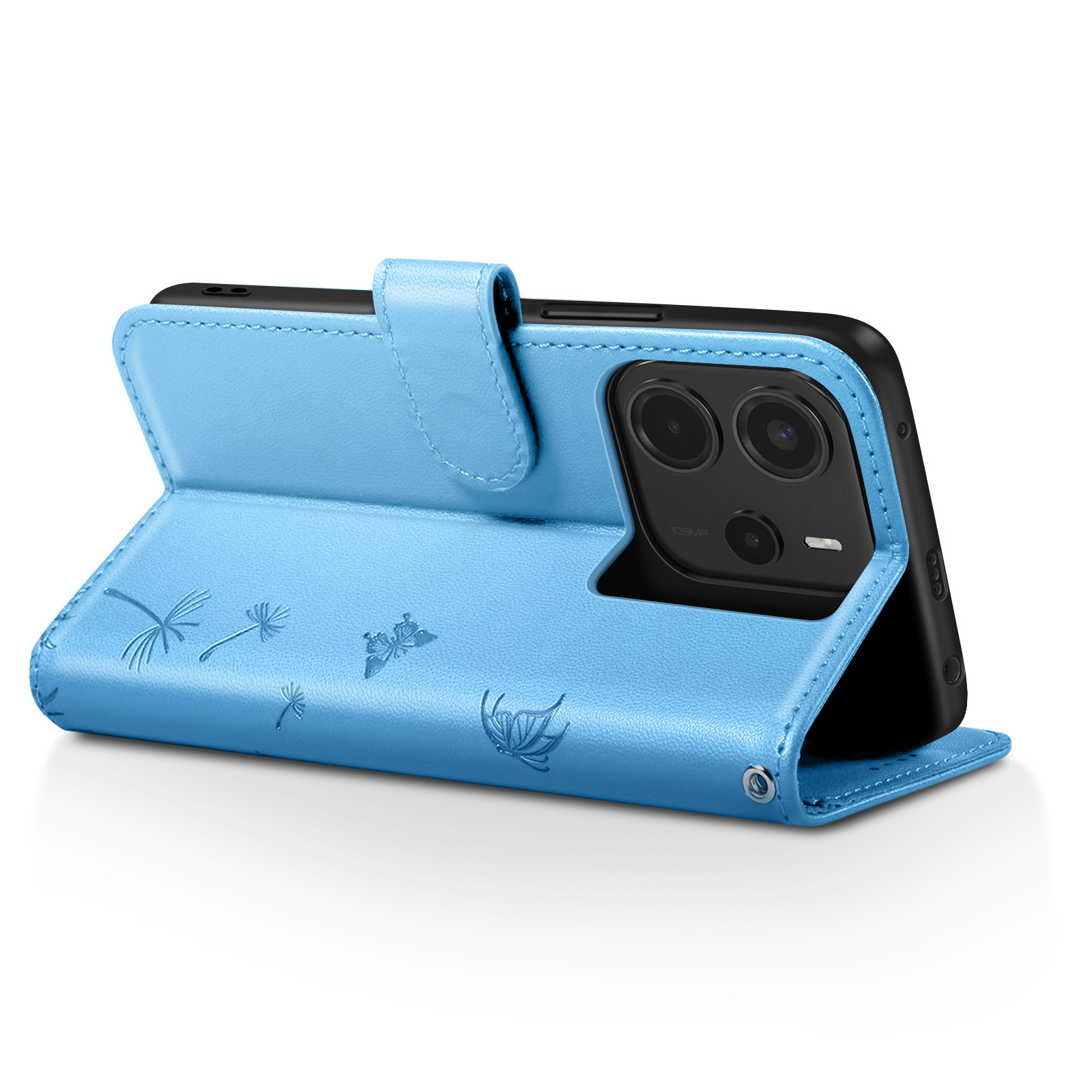 Una custodia per telefono blu chiaro con un telefono all'interno. La custodia ha motivi di libellule e farfalle.