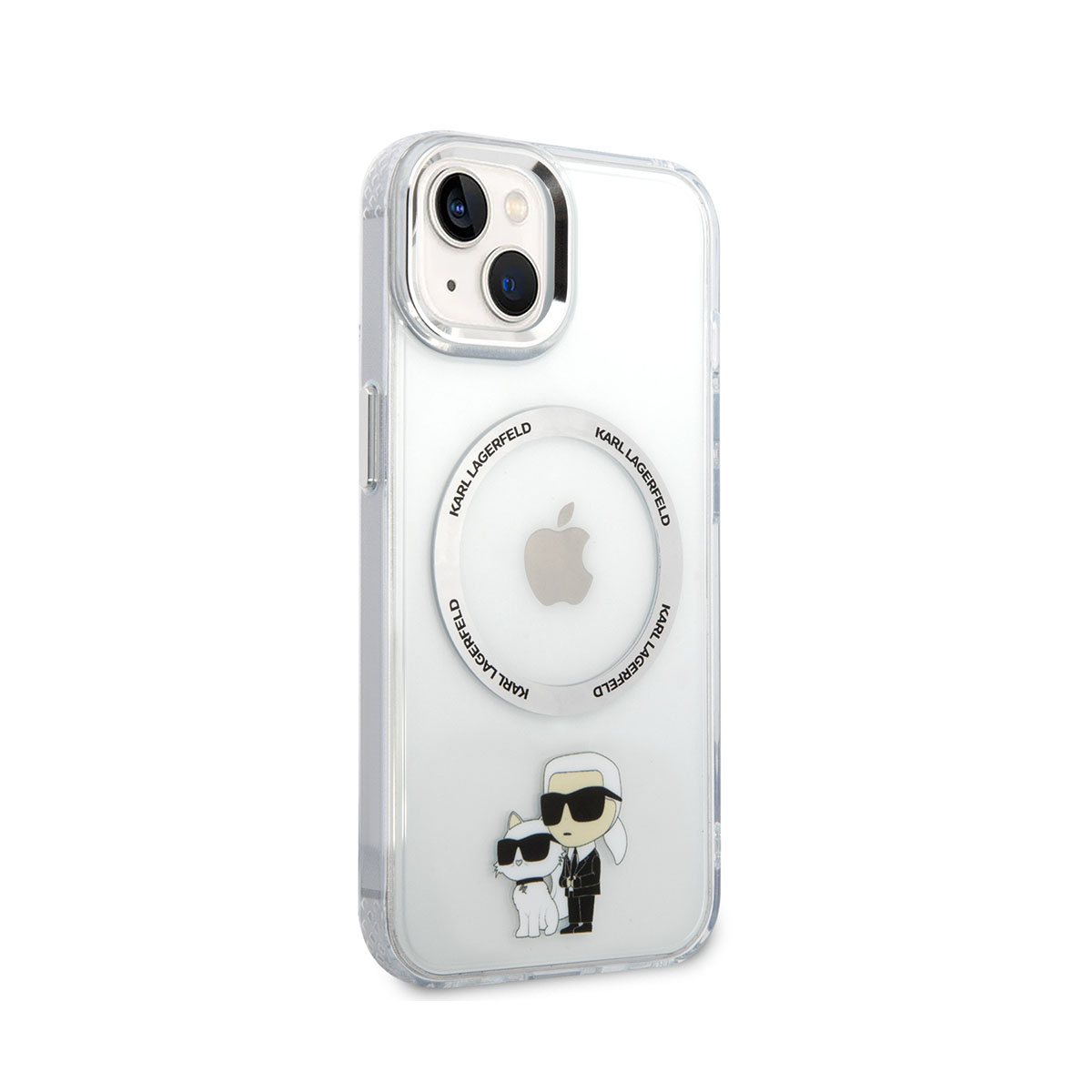 Transparente iPhone-Hülle mit Karl Lagerfeld Design. Zeigt eine Karikatur von Karl mit seiner Katze. Das Apple-Logo ist sichtbar.