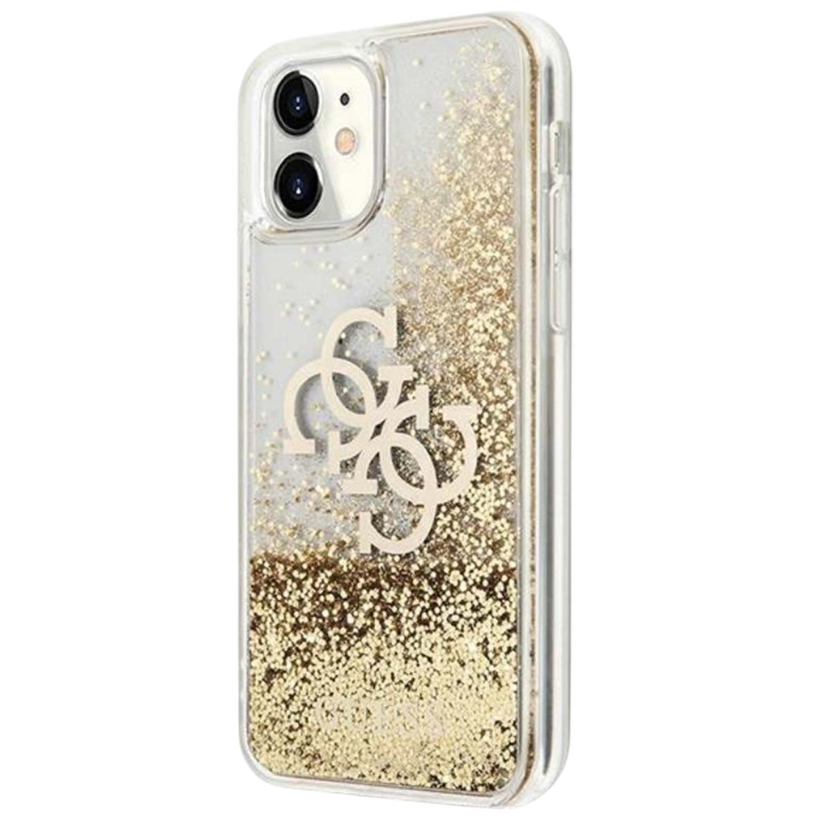 Una custodia trasparente per iPhone con glitter dorati e il logo Guess. La custodia circonda la fotocamera e i pulsanti del telefono.