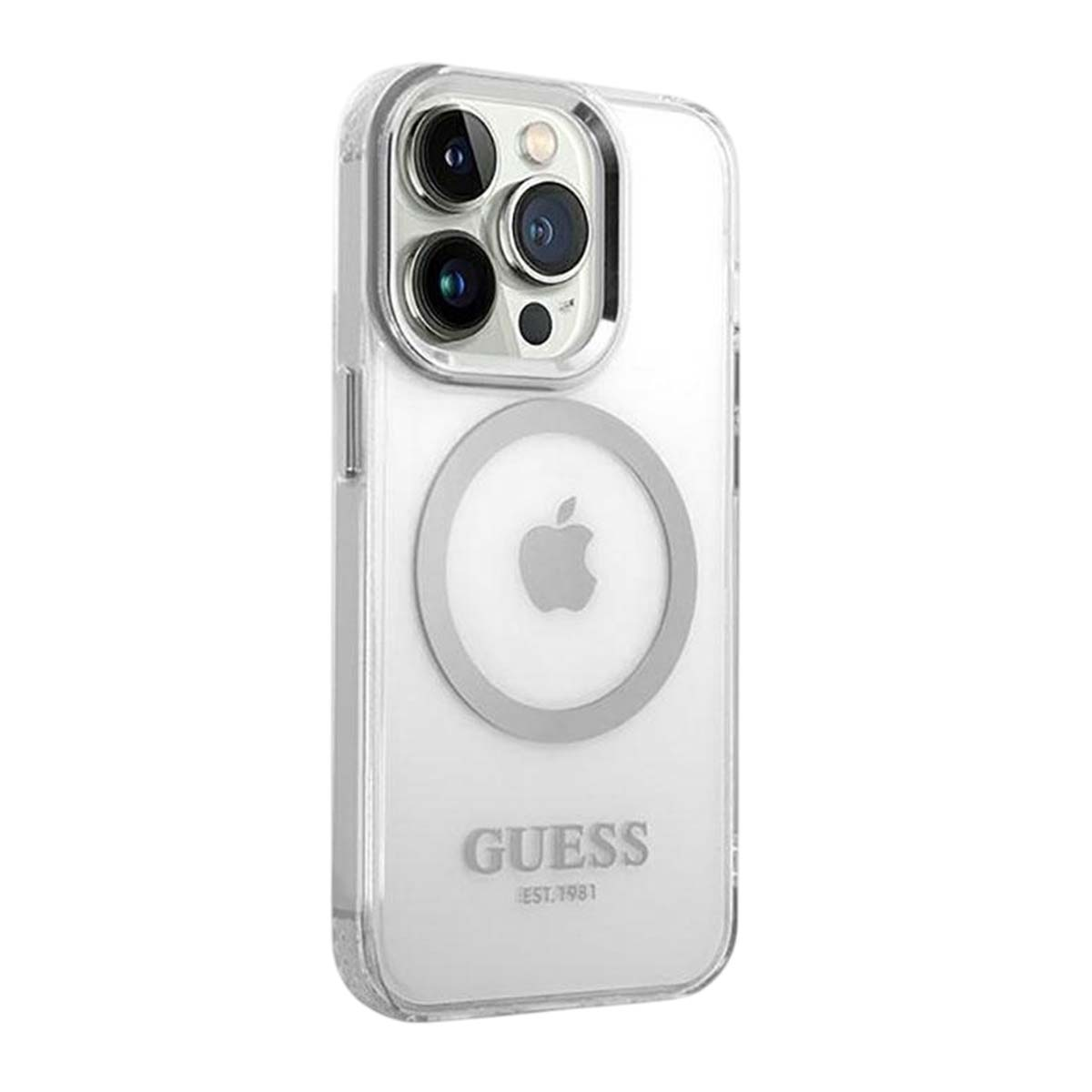 Una custodia trasparente per iPhone con un anello argentato e il logo Apple. Il logo Guess è in basso, la fotocamera in alto.