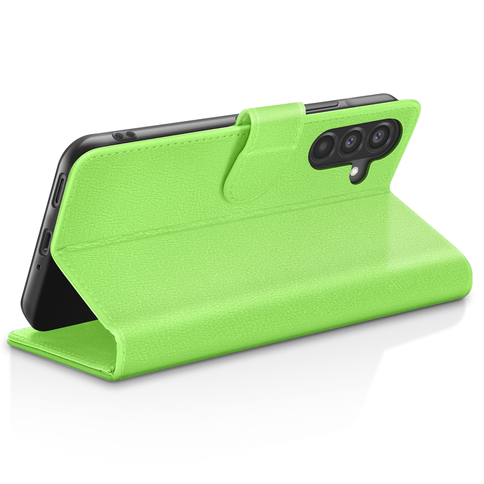 Een limoengroene telefoonhoes in folio-stijl met een telefoon erin. De hoes is open en toont de cameralenzen van de telefoon.