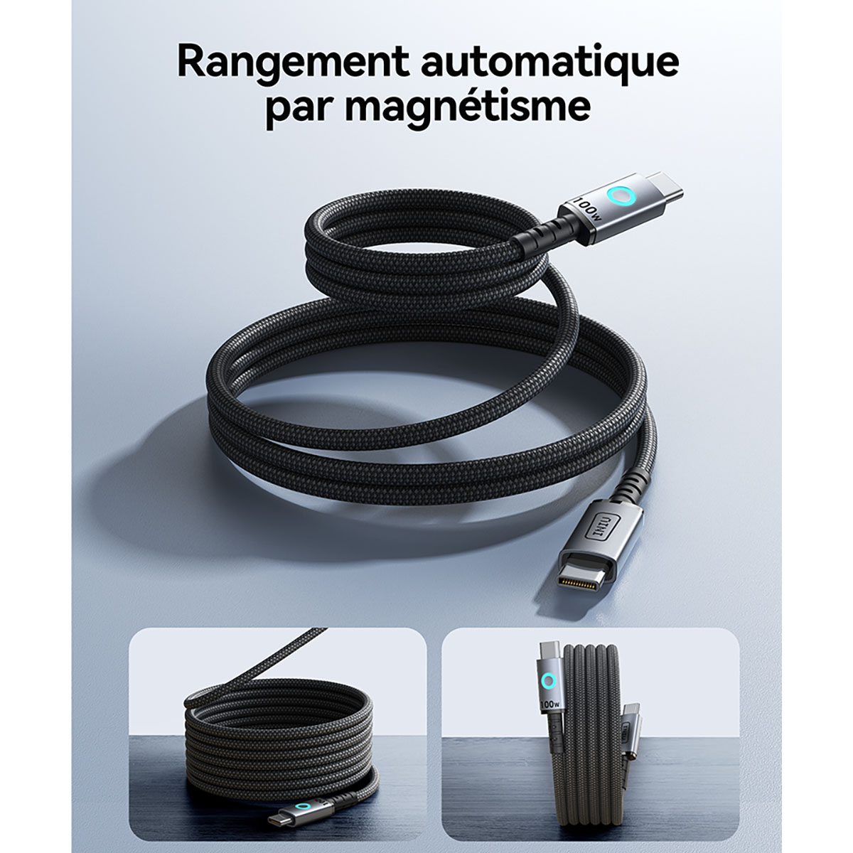 Un cavo USB-C nero è arrotolato su una superficie azzurra. Il cavo ha connettori magnetici. L'immagine mostra anche versioni di cavi arrotolati.