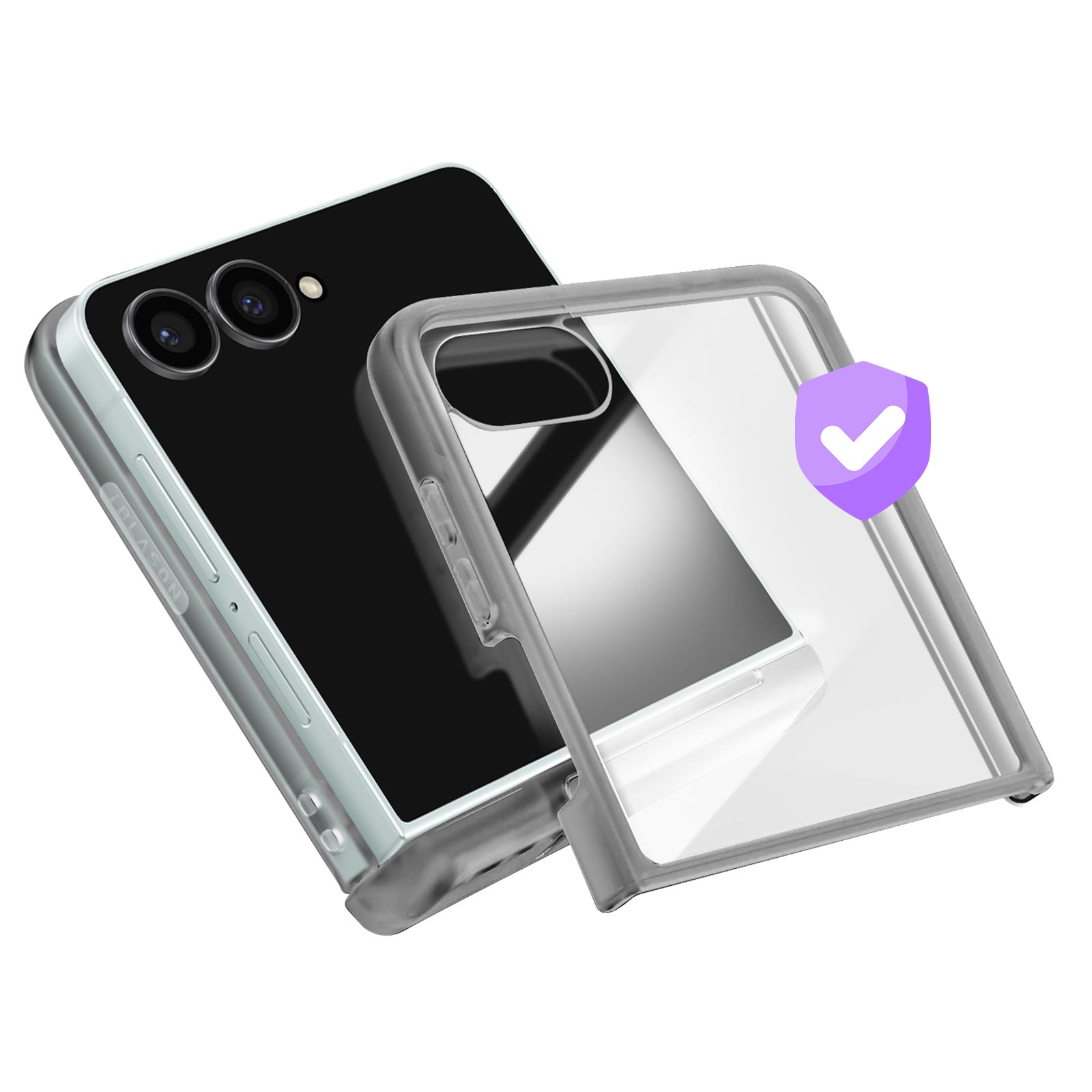 Ein Telefon in einer transparenten Hülle. Ein lila Schild mit einem Häkchen ist sichtbar.