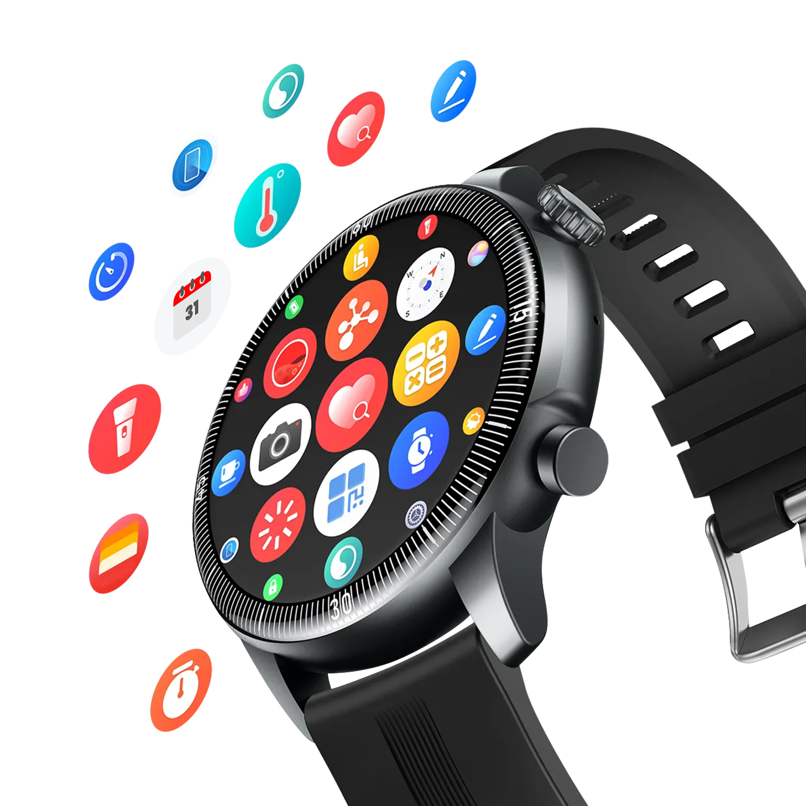 Eine Smartwatch mit schwarzem Armband zeigt App-Symbole auf dem Bildschirm. Farbige Symbole schweben im Hintergrund.