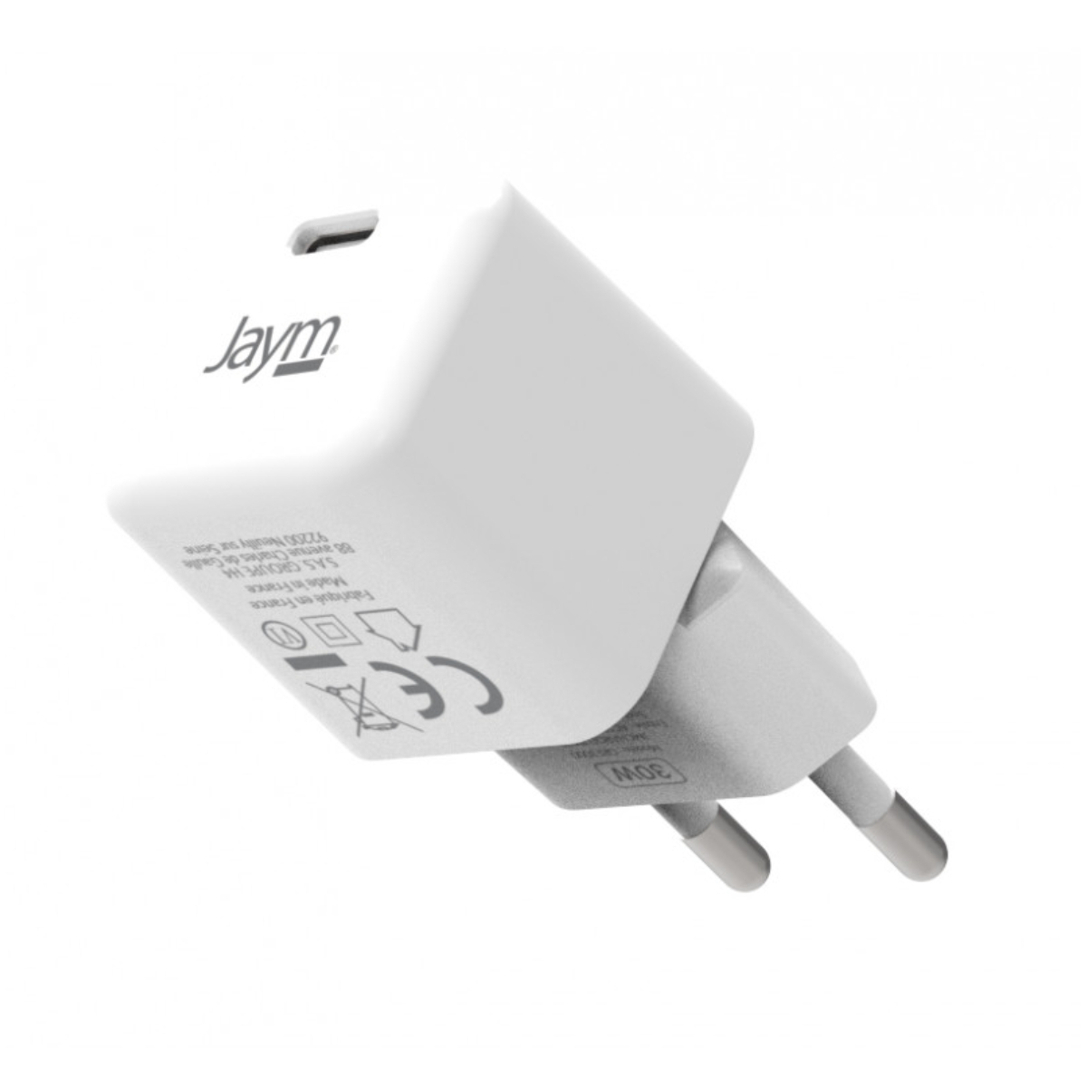 Un caricabatterie Jaym bianco con spina. Ha una porta USB-C e informazioni stampate, tra cui 'Made in France'.
