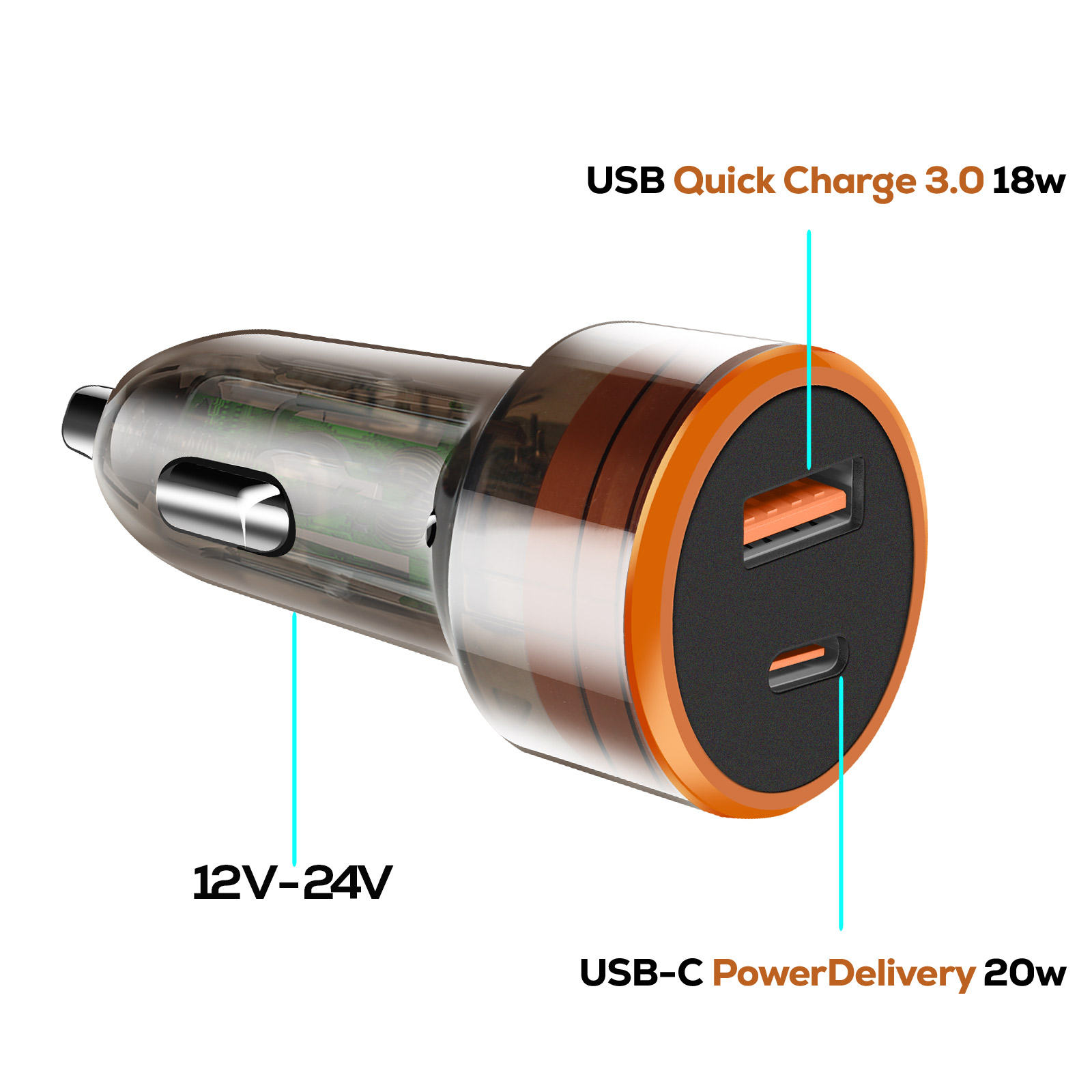 Un caricabatterie per auto con due porte USB. Uno è Quick Charge 3.0 18w, l'altro USB-C Power Delivery 20w. Supporta 12V-24V.