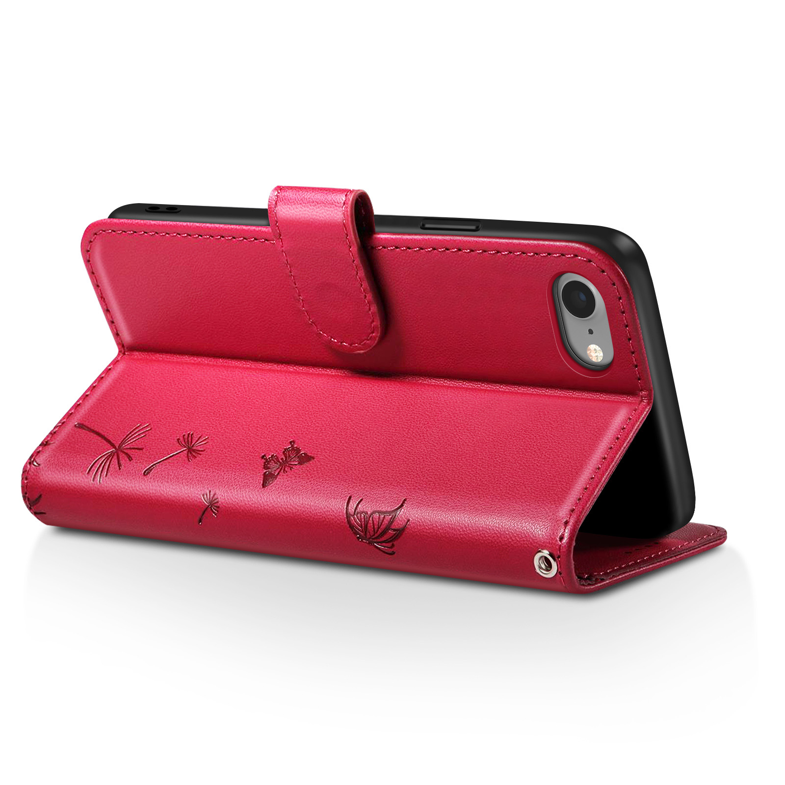 Funda roja para teléfono con teléfono dentro. Diseño floral en relieve. Abierta, con cierre.