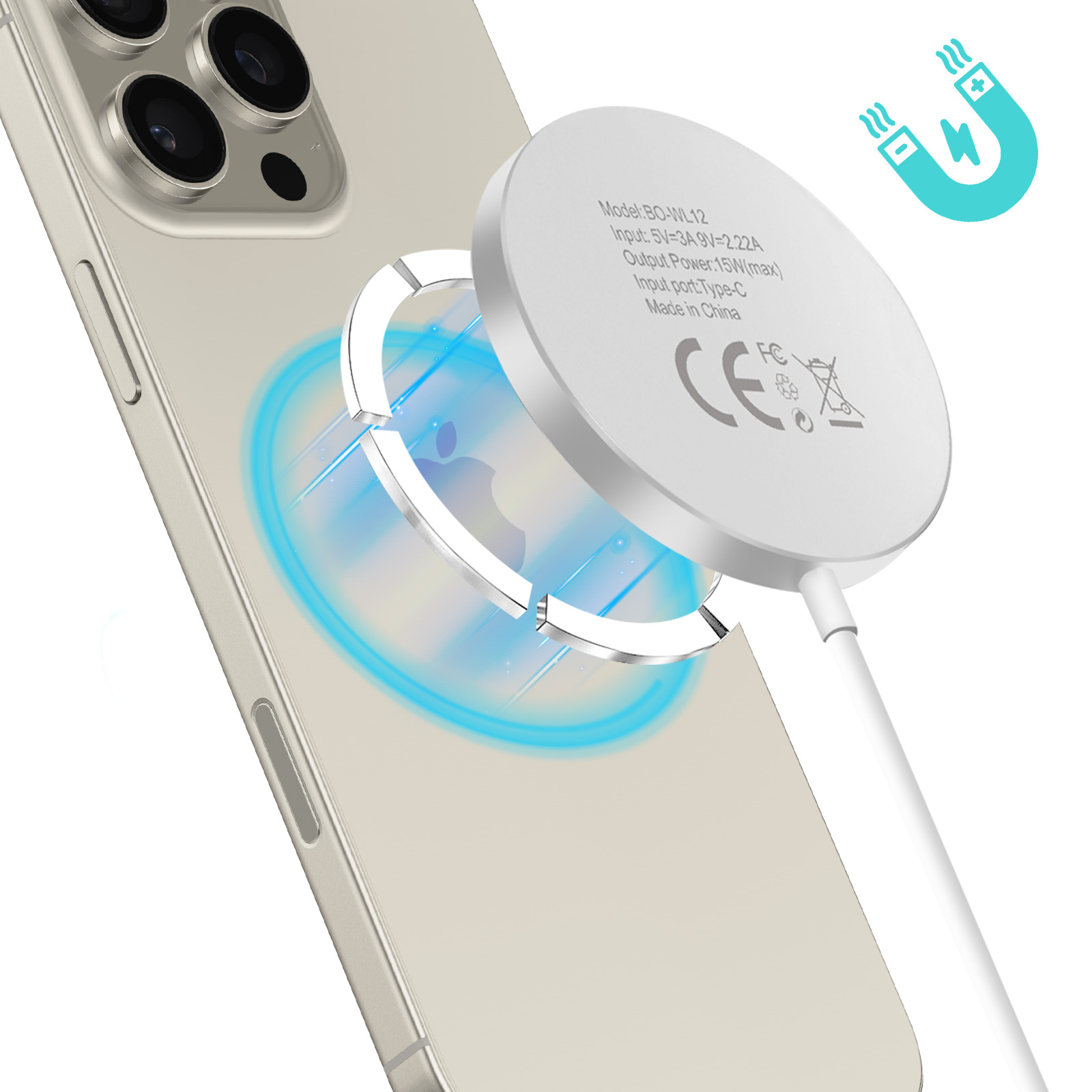 Ein Telefon mit einem magnetischen Ladegerät. Ein blauer Schein umgibt das Ladegerät und das Telefon.