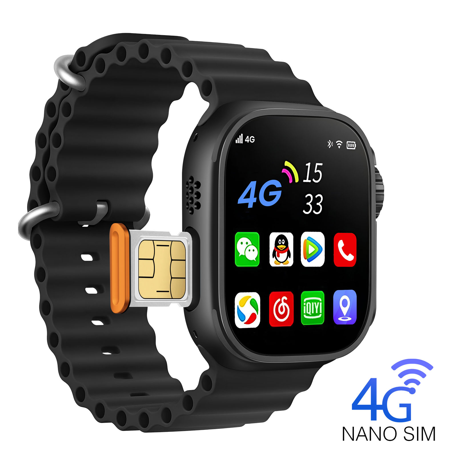 Schwarze Smartwatch mit SIM-Kartensteckplatz. Das Display zeigt Zeit und App-Symbole. 4G- und Nano-SIM-Etiketten sind ebenfalls vorhanden.