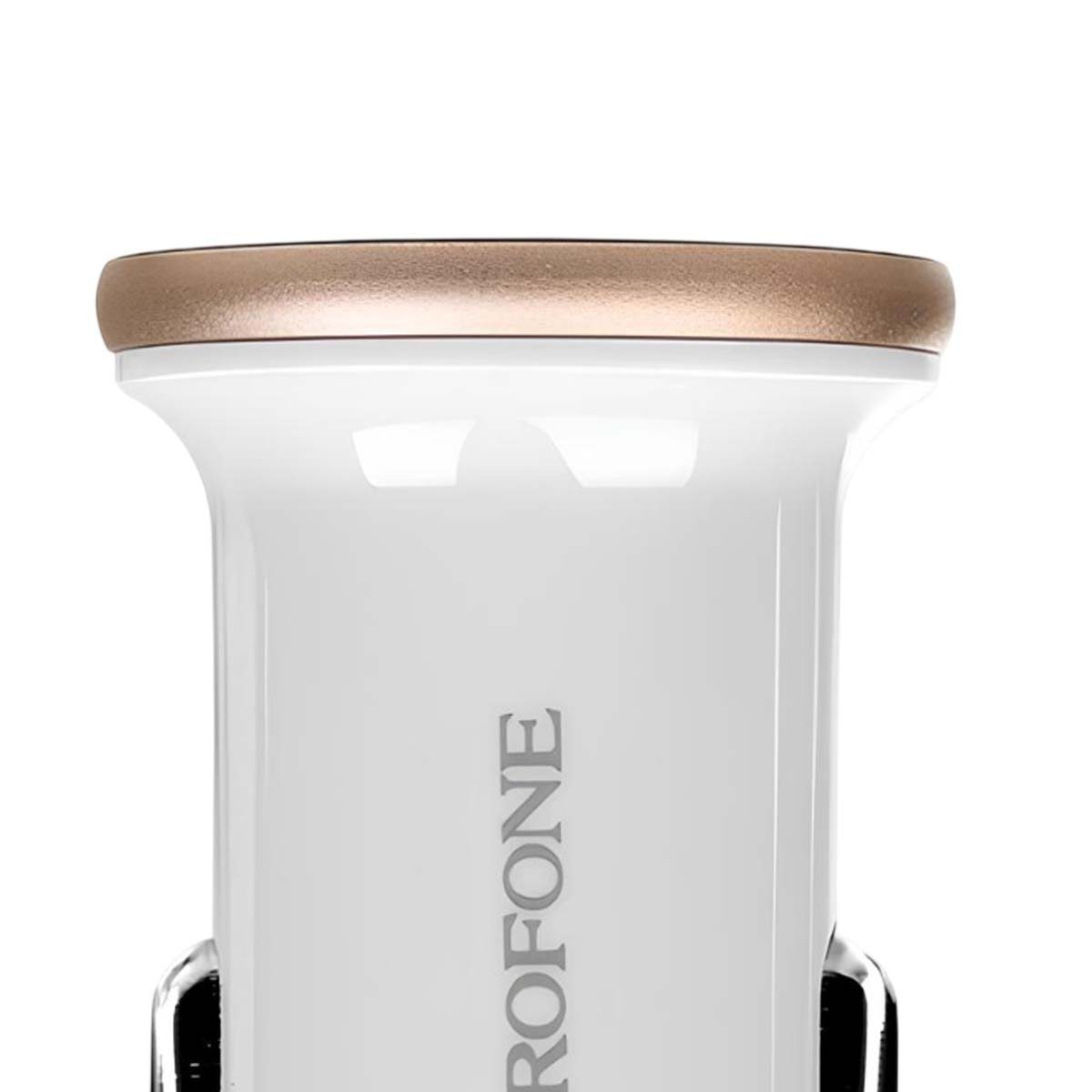 Un dispositivo bianco e oro. La parte superiore è oro, il corpo è bianco con la parola 'ROFONE' stampata verticalmente. Lo sfondo è bianco.