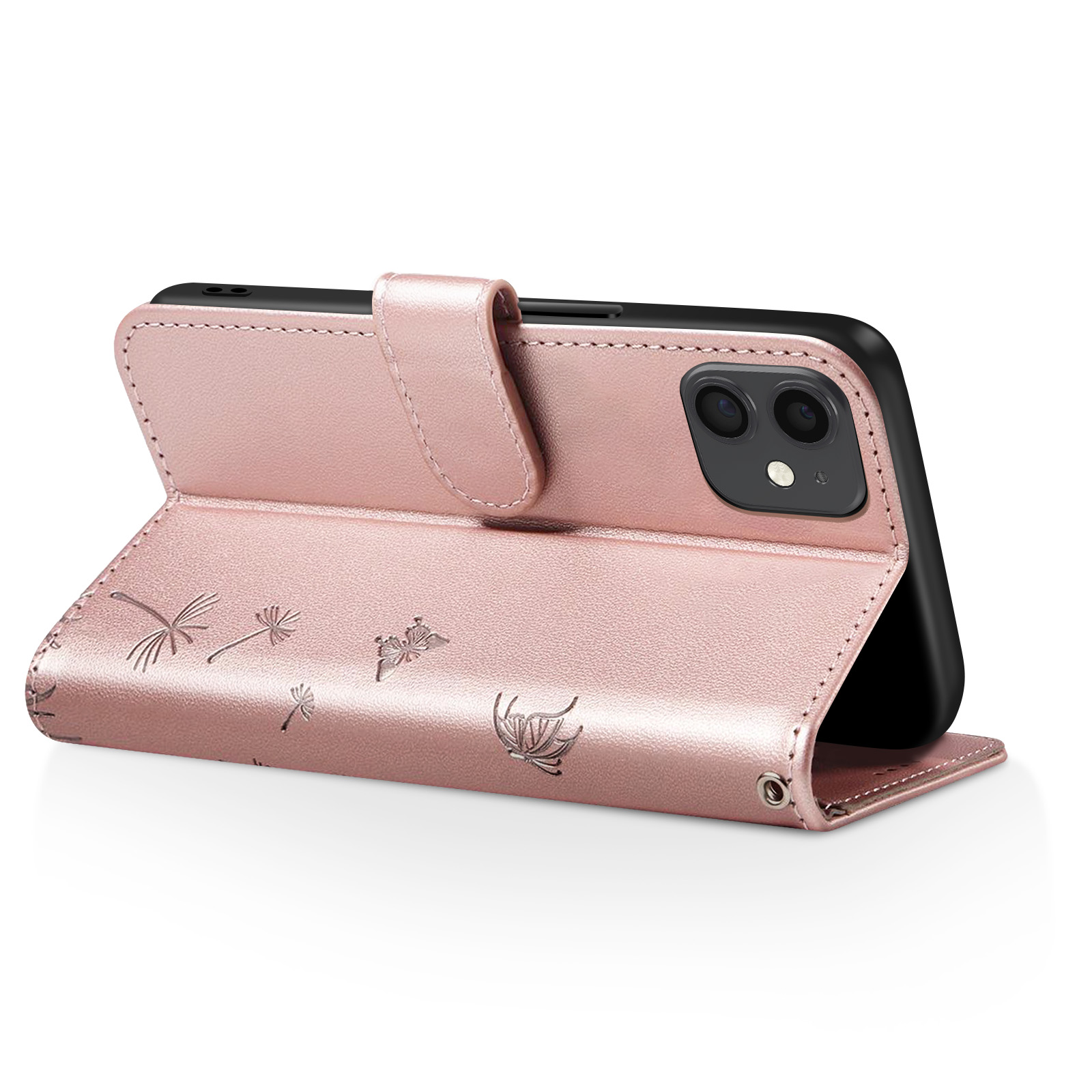 Custodia rosa per telefono con motivo a farfalla, aperta per mostrare un telefono nero. La custodia ha una chiusura magnetica.