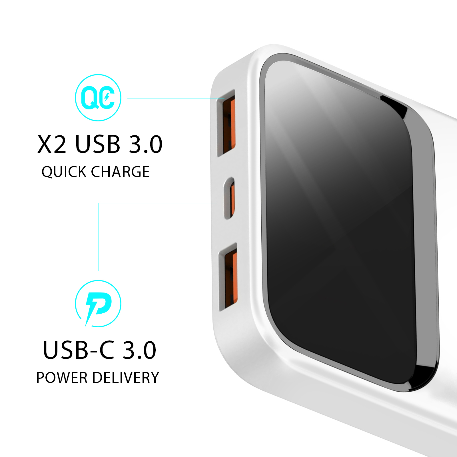 Weiße Powerbank mit USB- und USB-C-Anschlüssen. Textkennzeichnungen detaillieren USB 3.0 und Schnellladefähigkeiten.