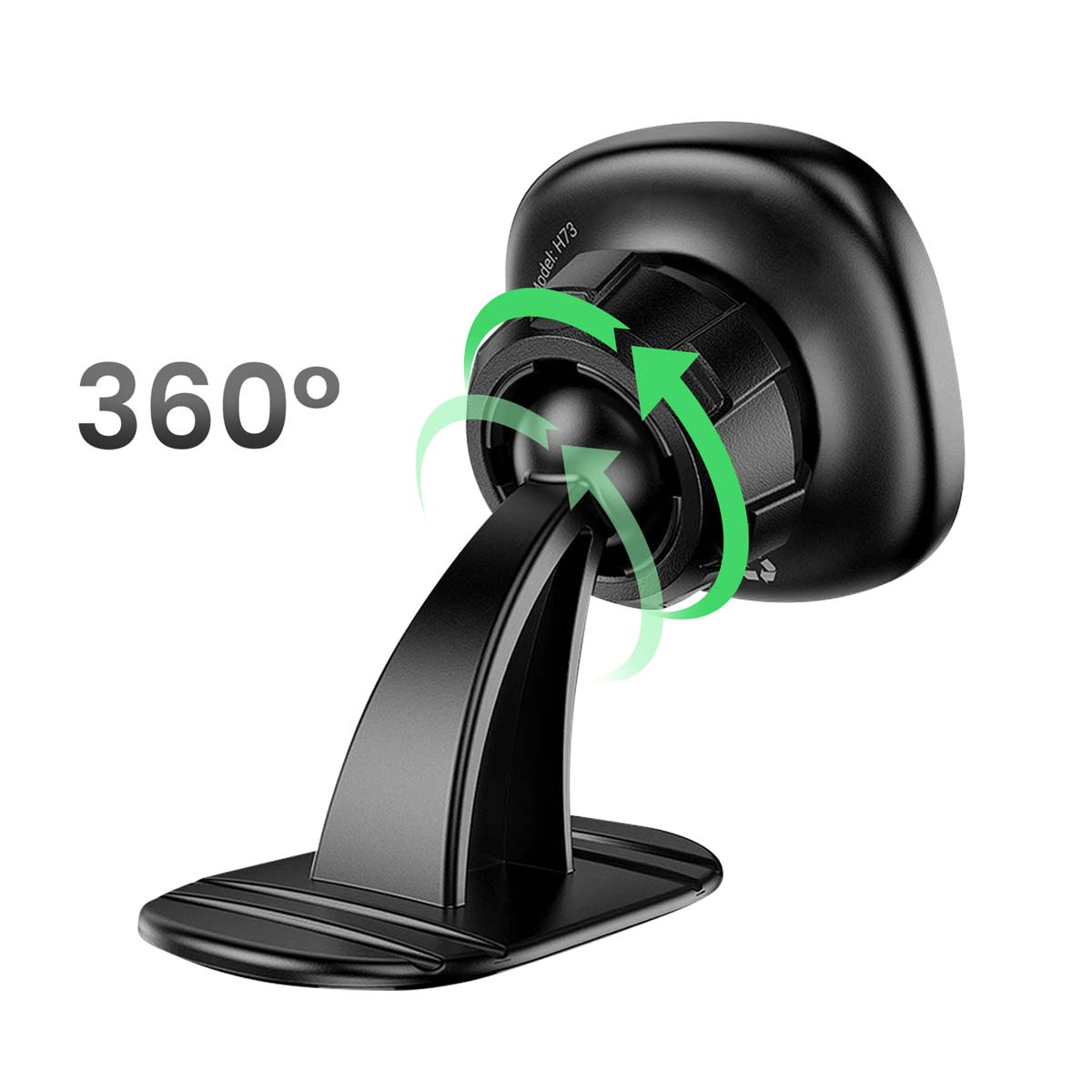 Supporto per telefono da auto nero, rotazione a 360 gradi. Le frecce indicano il movimento. Base, braccio e testa visibili. Sfondo bianco.