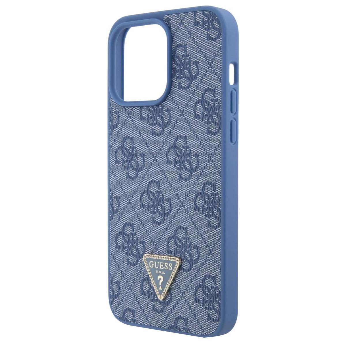 Una custodia blu Guess. Ha un design a fantasia con il logo Guess in basso. La custodia è angolata verso destra.