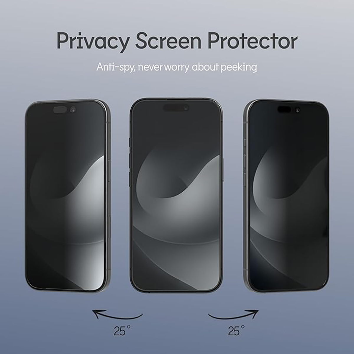 Tre smartphone con protezioni schermo privacy. Il testo indica funzioni anti-spia. Le frecce mostrano un angolo di visione di 25 gradi.