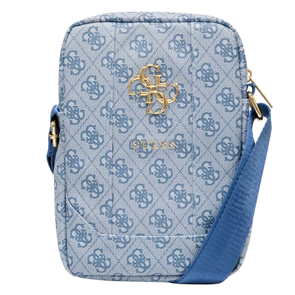 Eine blaue Guess Umhängetasche mit sich wiederholendem Logo-Muster, goldenen Akzenten und einem blauen Schultergurt.