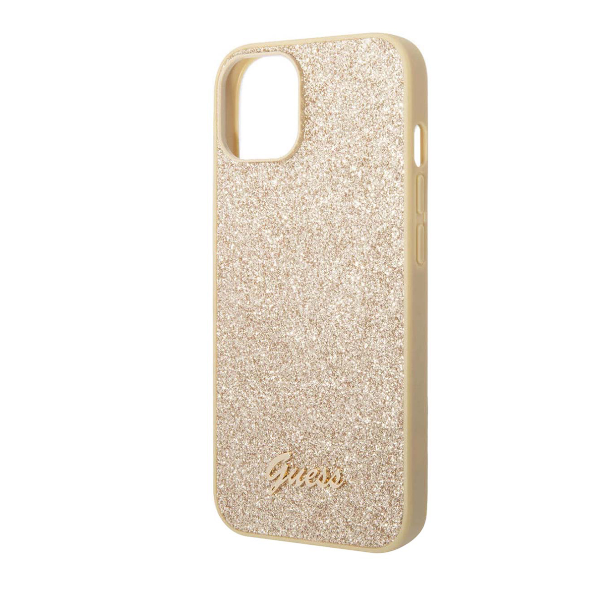 Una custodia Guess dorata con glitter. La custodia ha un ritaglio per la fotocamera, pulsanti laterali e il logo Guess.