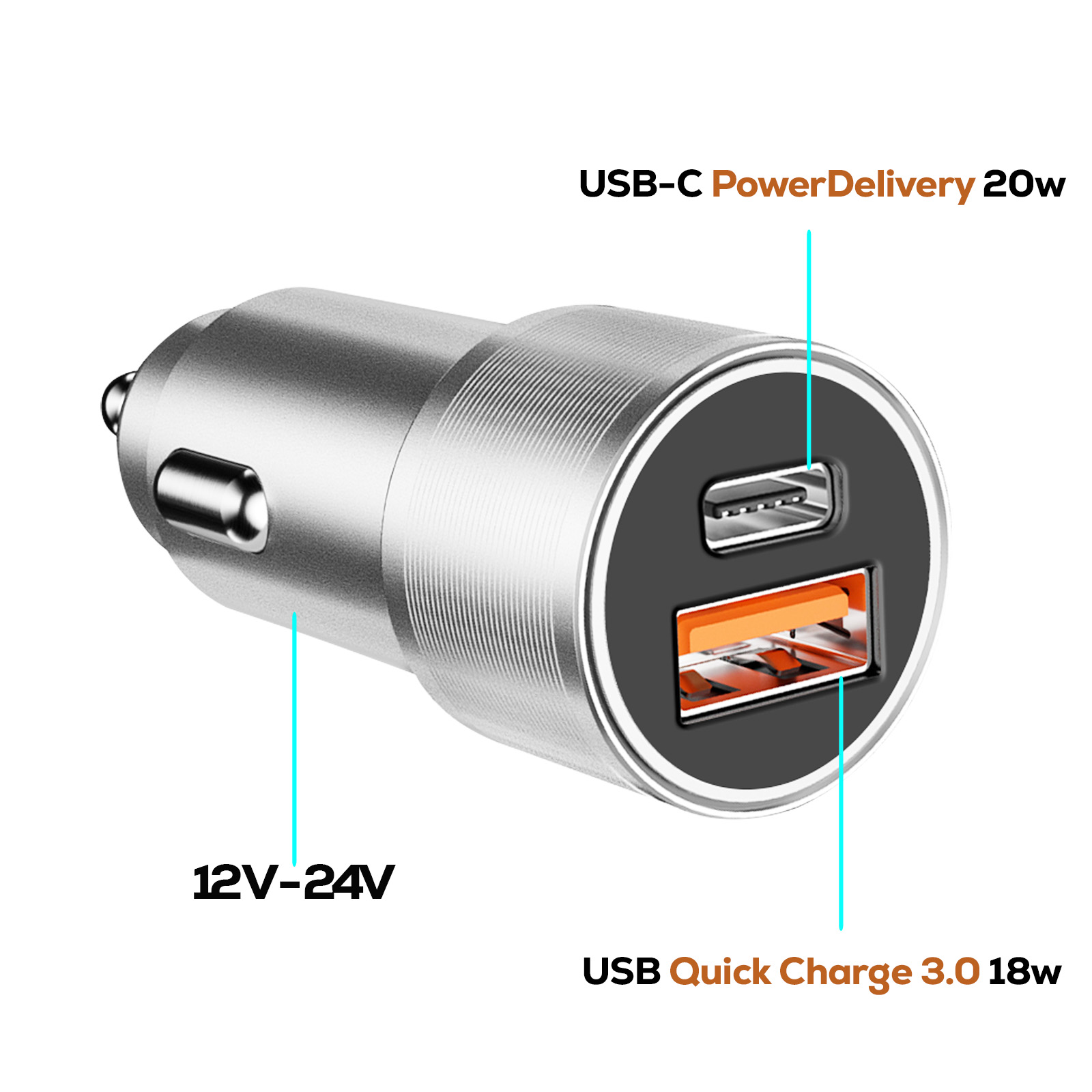 Silbernes Autoladegerät mit USB-C- und USB-Anschlüssen. Etiketten zeigen 12V-24V Eingang und Ausgang: USB-C PowerDelivery 20W und USB Quick Charge 3.0 18W.