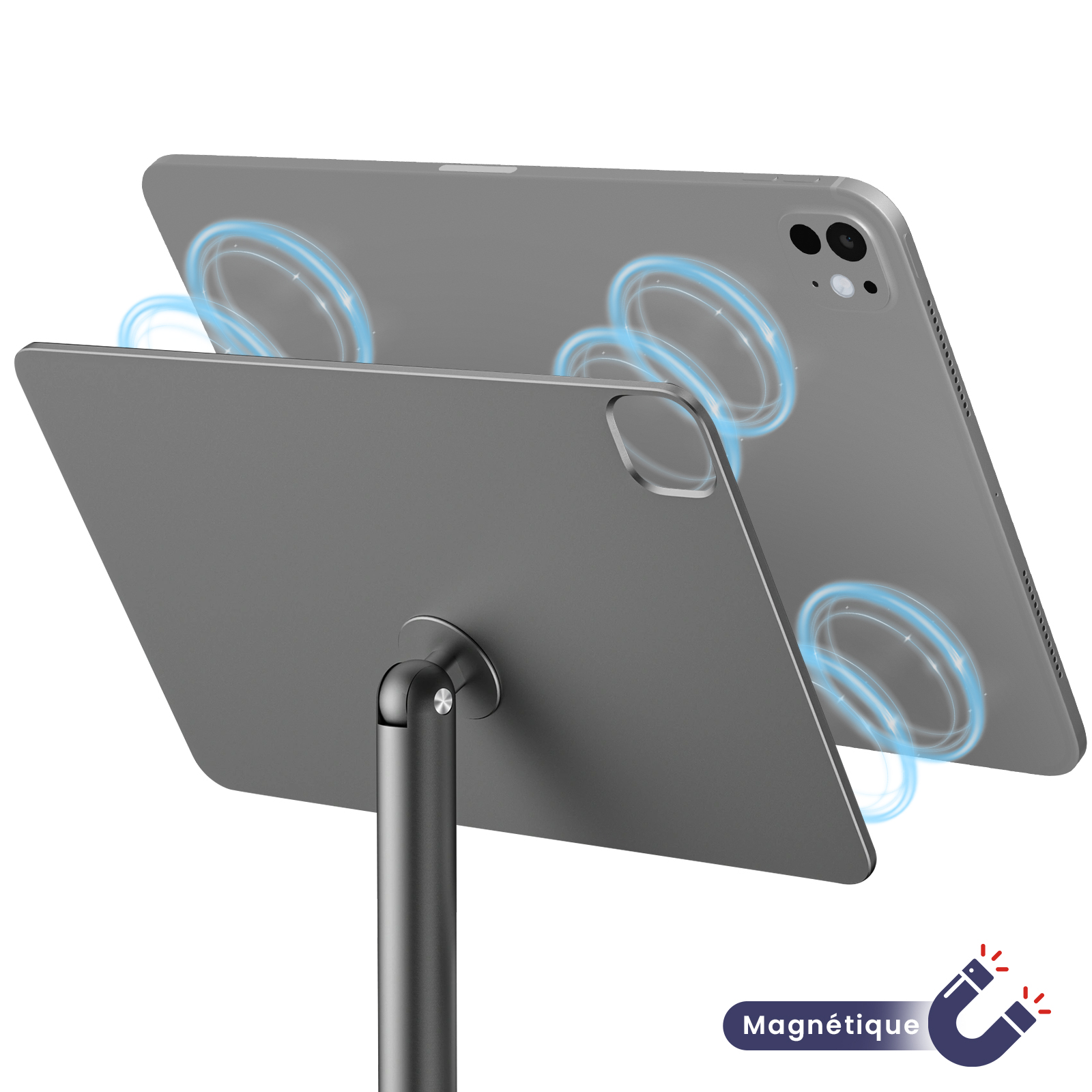 Due tablet grigi sono tenuti da un supporto. Linee magnetiche blu sono mostrate tra loro. La parola 'Magnétique' è visibile.