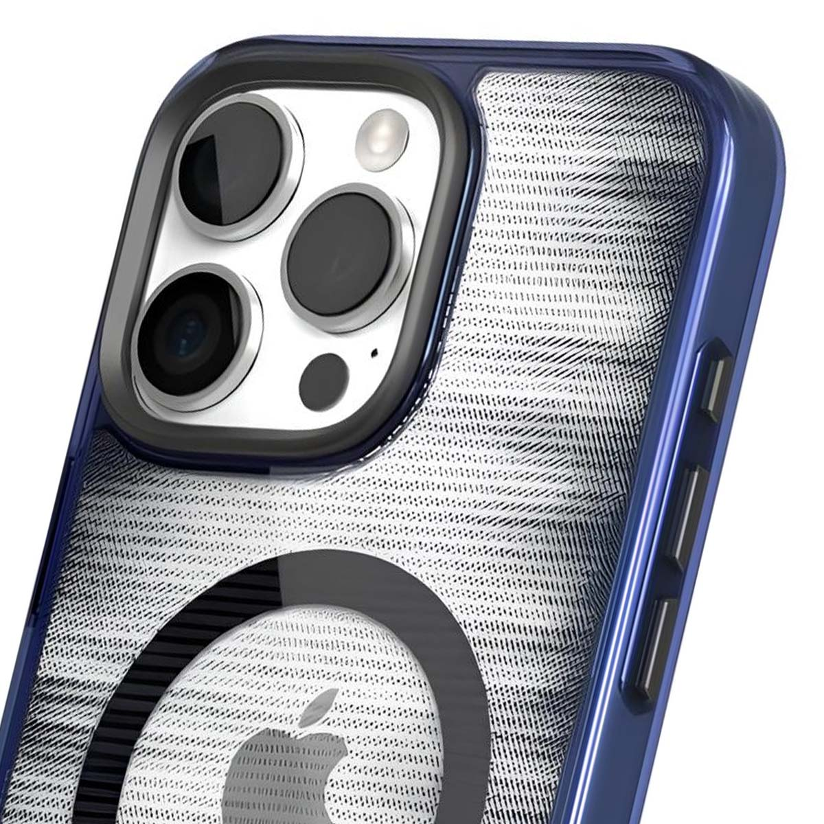 Primo piano di una custodia per telefono. La custodia è blu con un motivo strutturato. Il logo Apple è visibile. Le lenti della fotocamera sono prominenti.