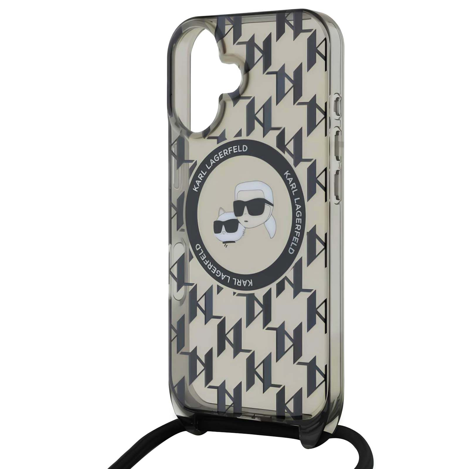 Funda de teléfono con estampado y logo Karl Lagerfeld. La funda tiene una correa negra.